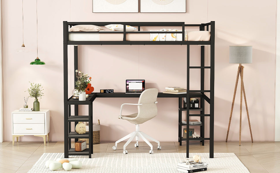 Cama loft de metal negro premium con escritorio y estantes