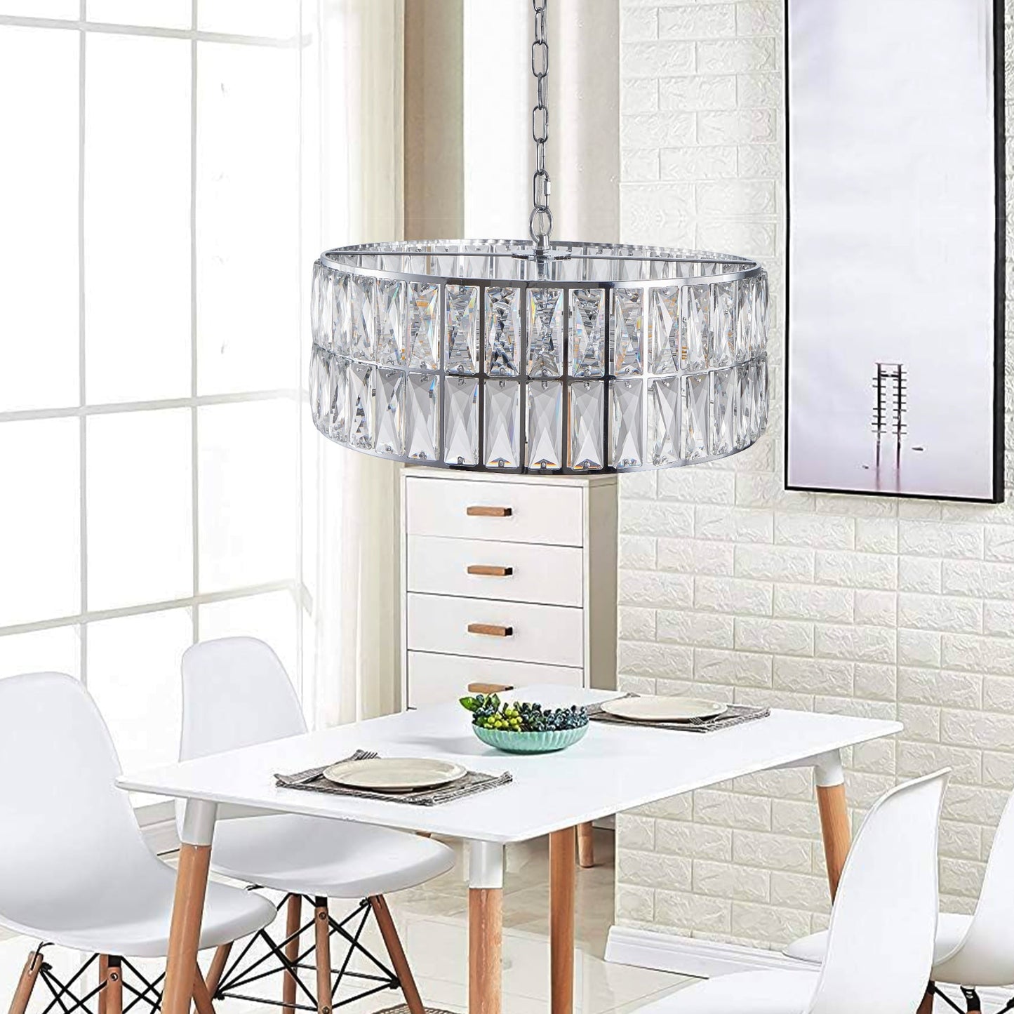 Modern crystal drum pendant light, 6-light pendant light, with silver metal frame (excluding light bulb) - Korvel