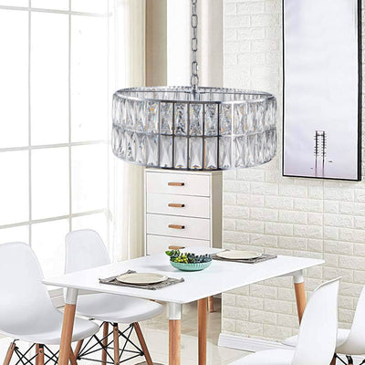 Modern crystal drum pendant light, 6-light pendant light, with silver metal frame (excluding light bulb) - Korvel