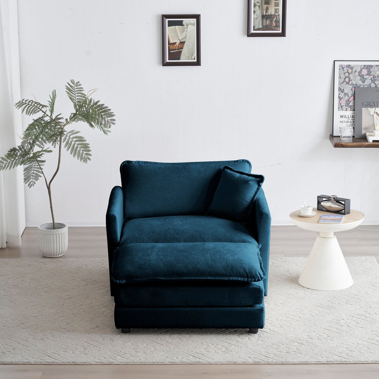 Ottoman modern style chair, living room club chair Chenille cushioned armchair, bedroom reading chair, blue - Korvel