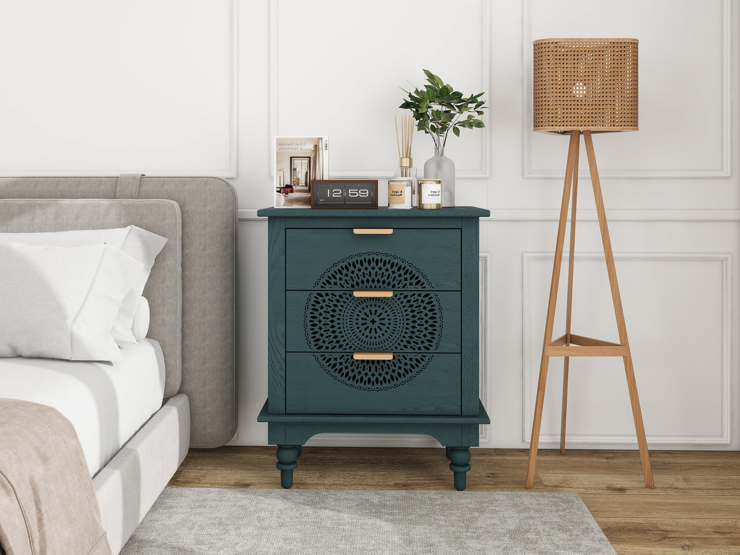 Commode de rangement à 3 tiroirs en bois creusé