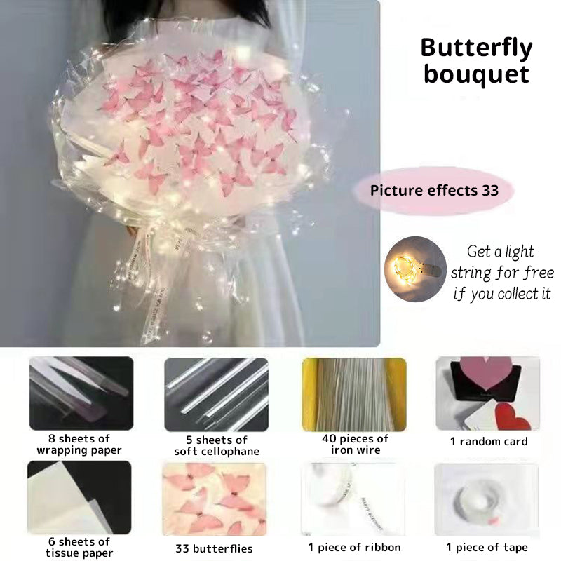 New DIY Butterfly Bouquets Handmade Butterfly Flower Material Package Bouquet with Light String Wedding Decor Gift for Girlfrien - Korvel