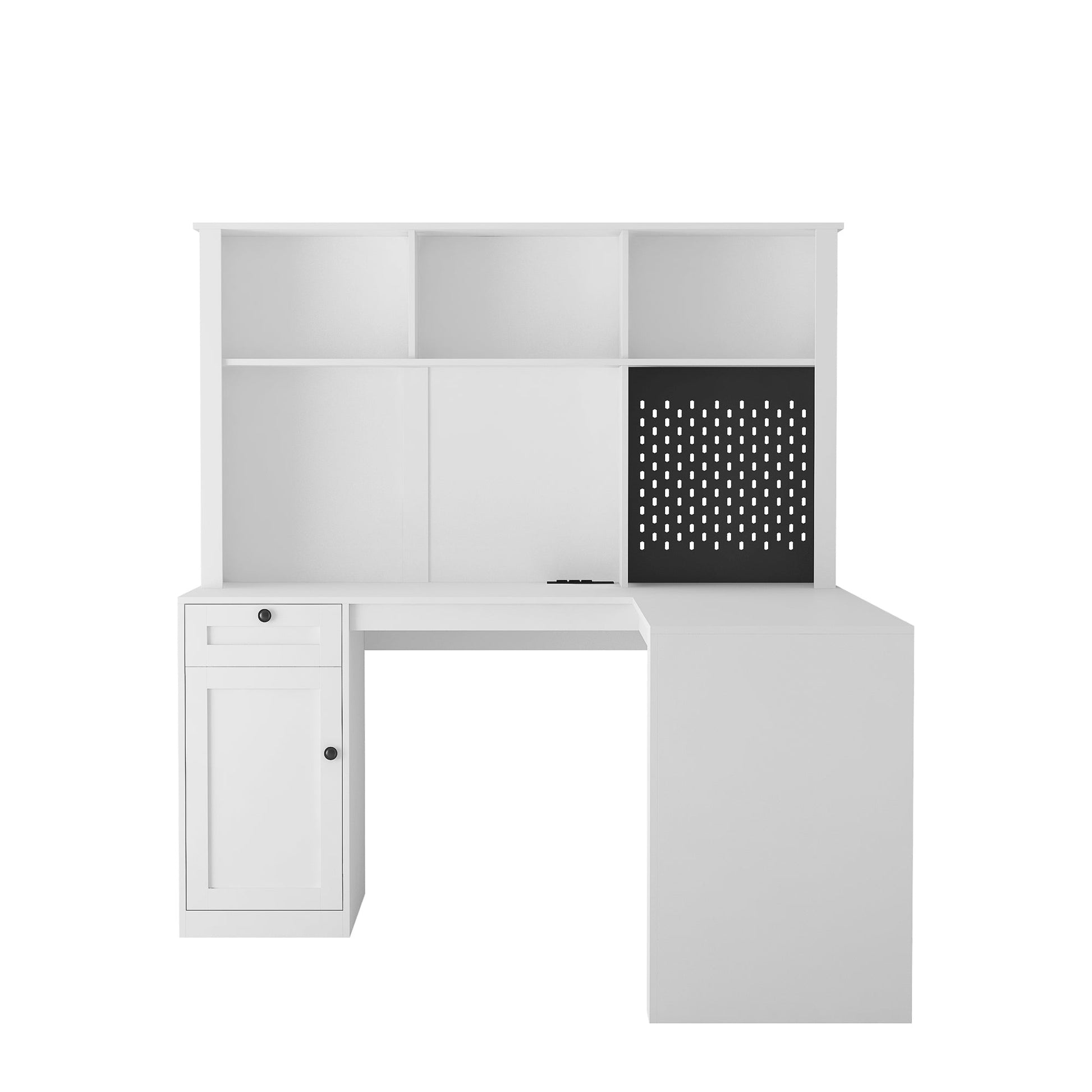Corner gaming computer desk with socket, drawers, bookshelf and writing desk, modern L-shaped learning desk with storage space - Korvel