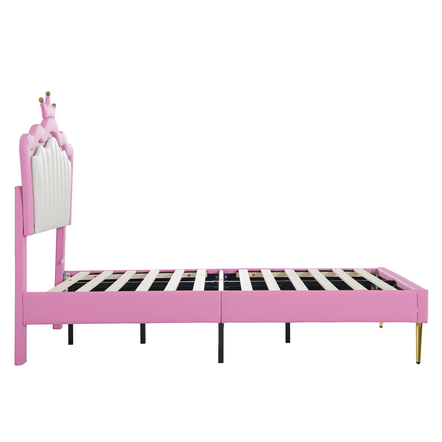 Twin Size Upholstered Bed Frame with LED Lights - Pink & White