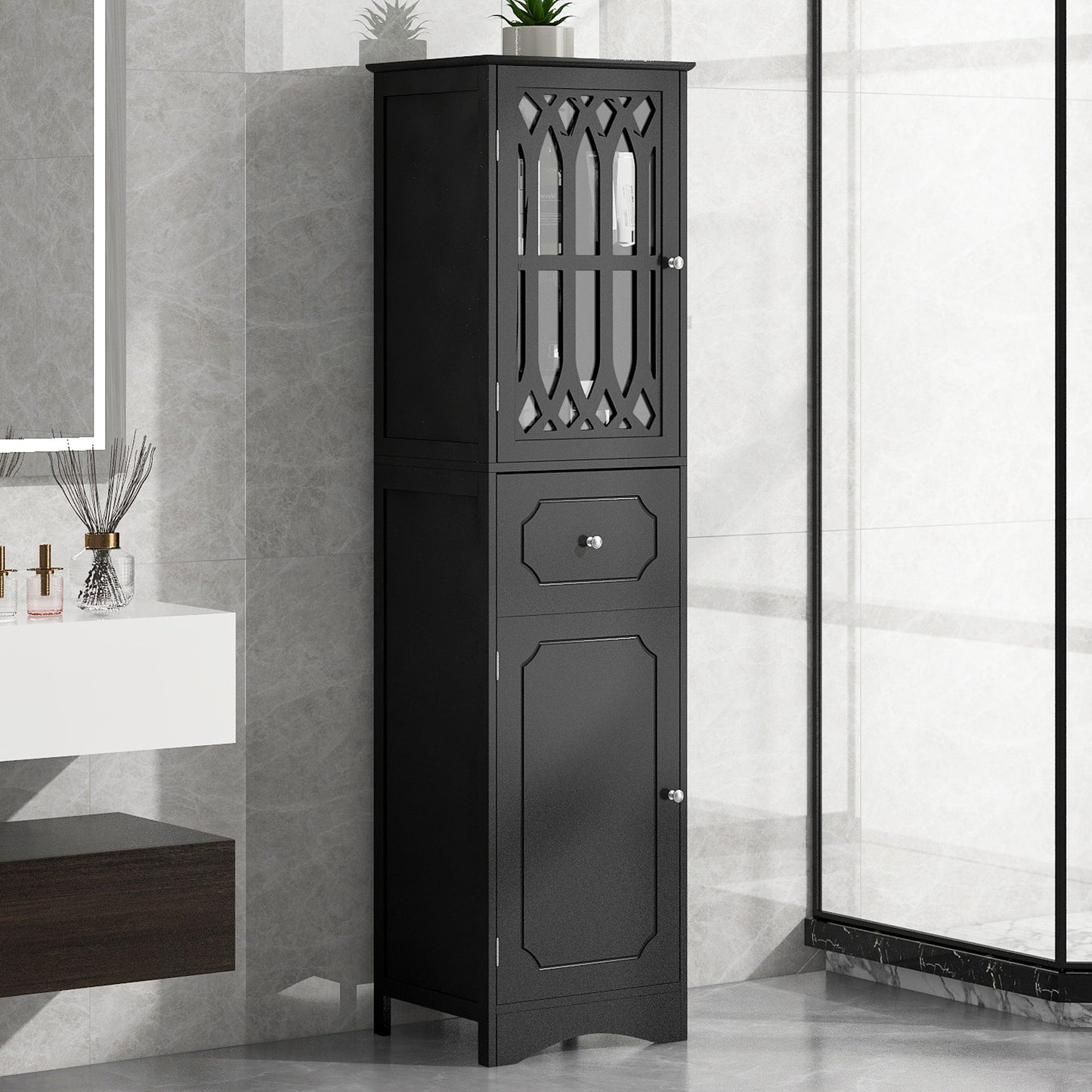 Tall Bathroom Cabinet, Freestanding Storage Cabinet with Drawer and Doors, MDF Board, Acrylic Door, Adjustable Shelf, Black - Korvel