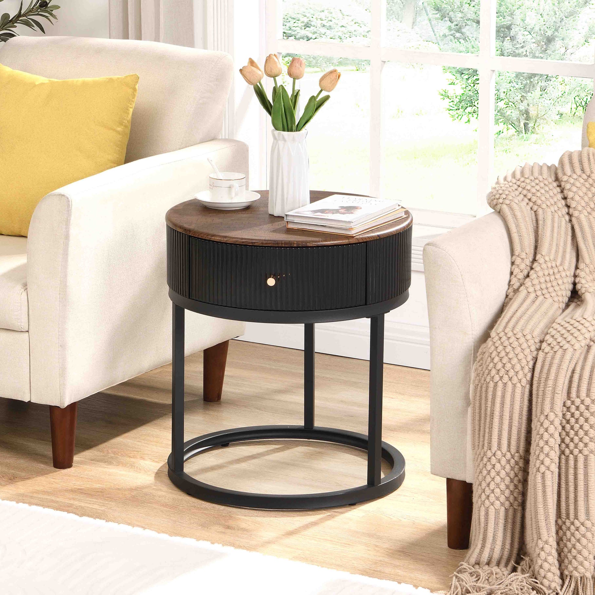 Round Nightstand with Drawer, 19.68 Inch Wood End Table with Storage, Small Table or Living Room, Bedroom and Small Spaces - Korvel