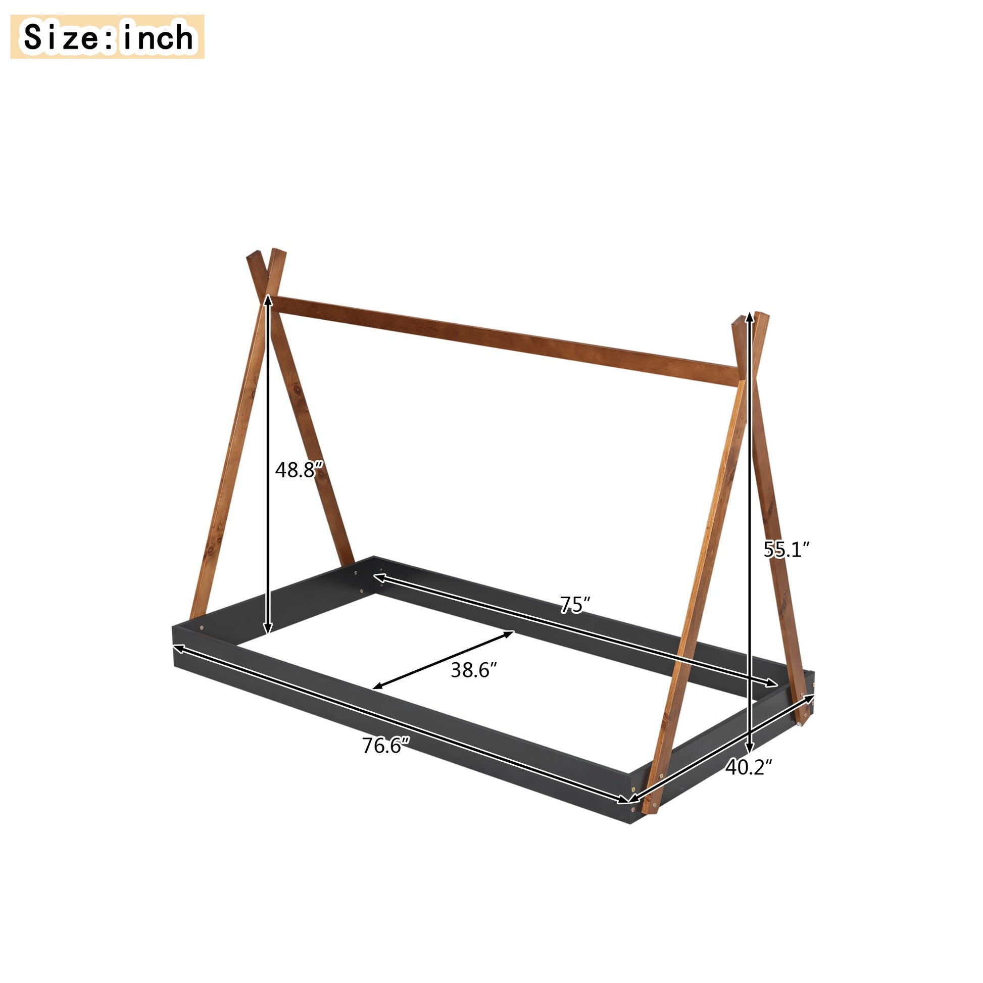 Twin Size Tent Floor Bed with Triangle Structure, Black+Brown - Korvel