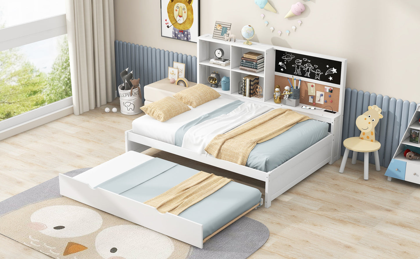 Full Size Daybed with Storage Shelves, Blackboard, Cork board, USB Ports and Twin Size Trundle  White - Korvel