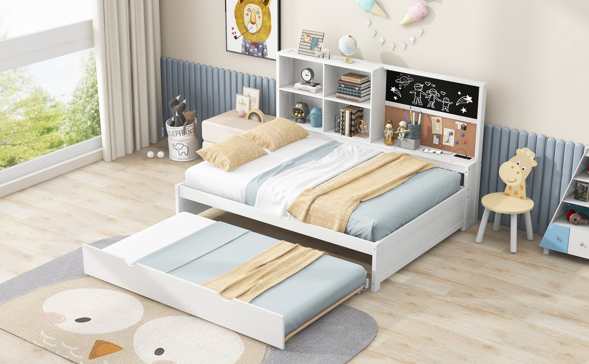 Full Size Daybed with Storage Shelves, Blackboard, Cork board, USB Ports and Twin Size Trundle  White - Korvel