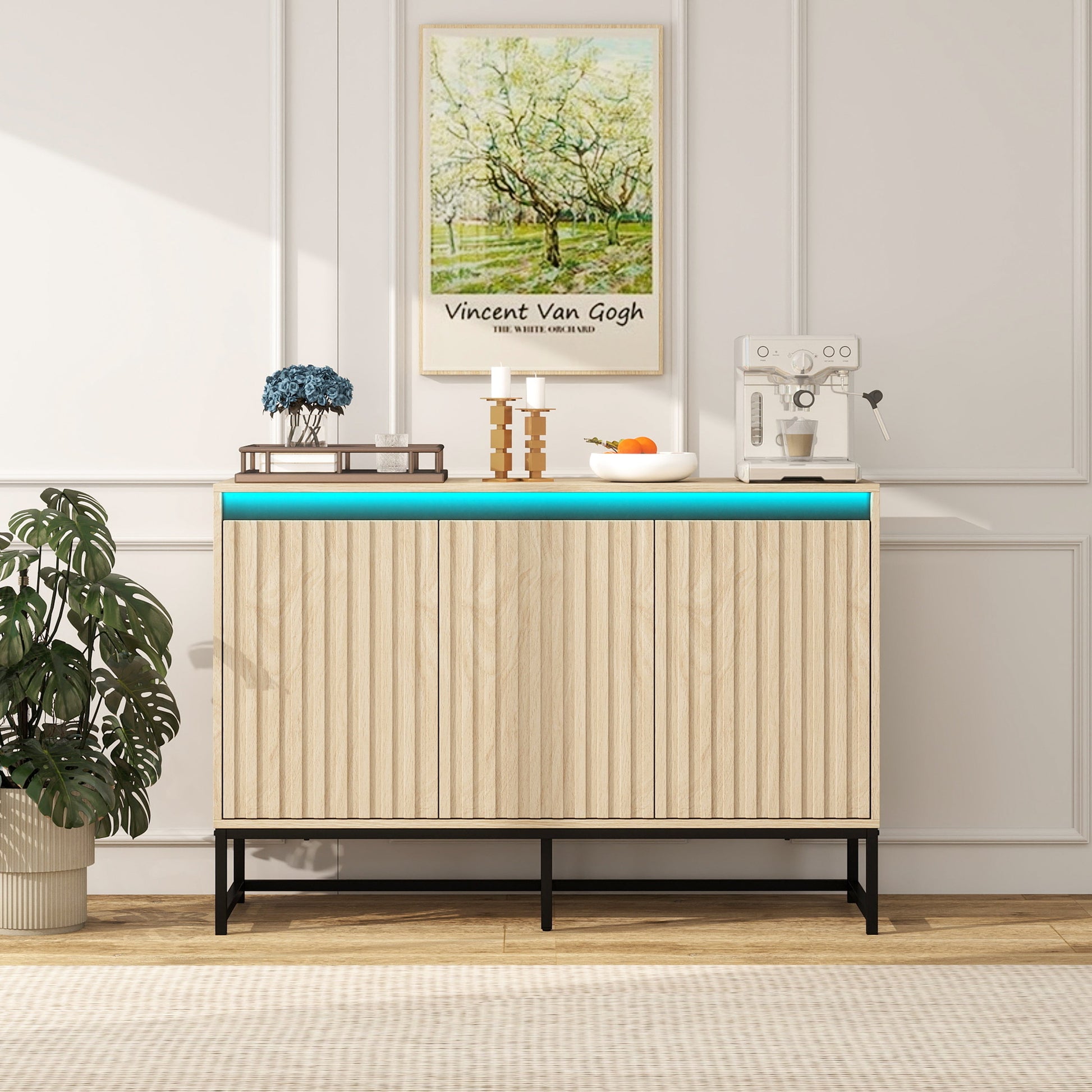 Engraved 3-door side panel with LED, self-service cabinet storage cabinet, modern coffee bar cabinet with adjustable shelf - Korvel