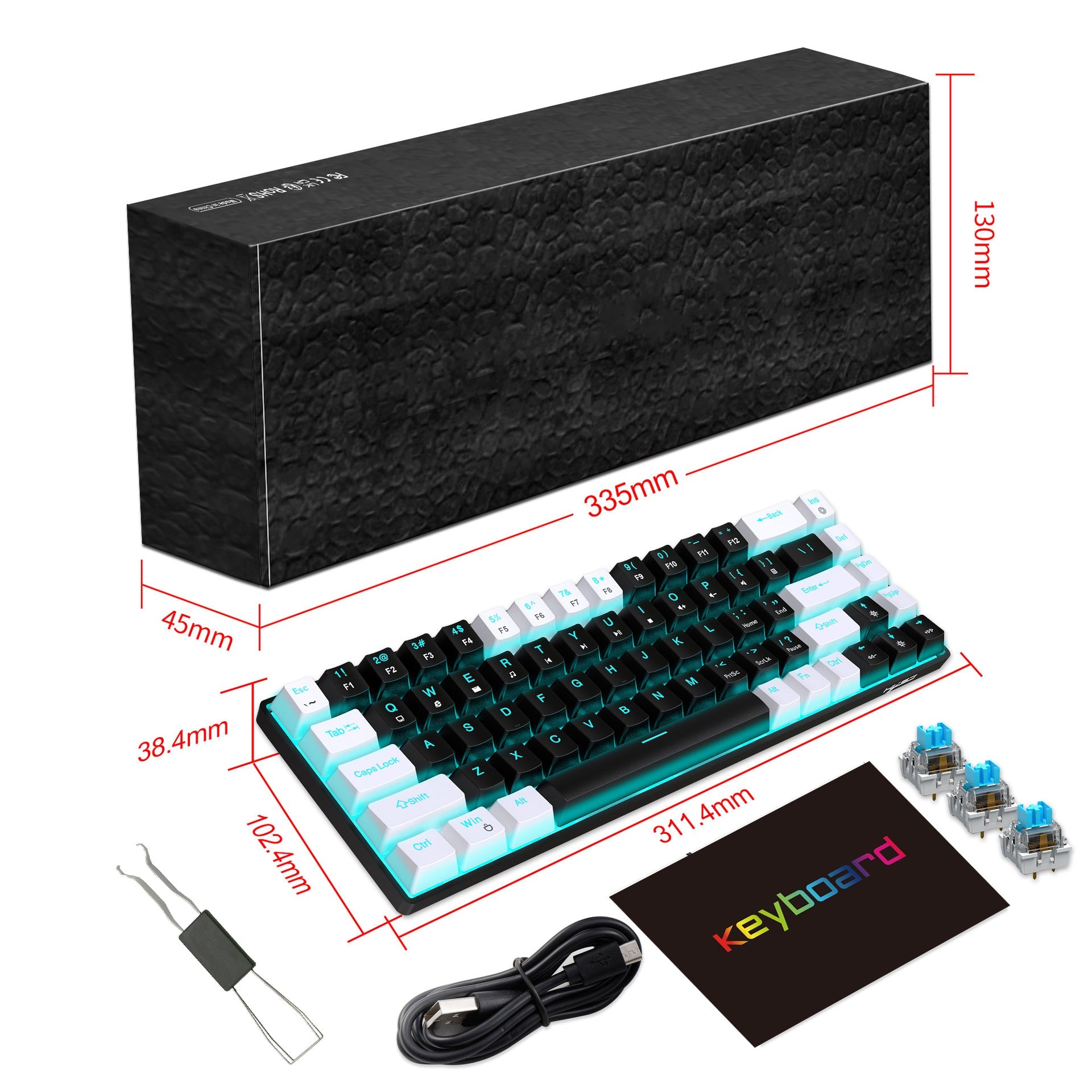 68 keys, 60% keyboard, customized color blocked keycaps, RGB mechanical keyboard, MINI set, plug-in blue axis ice blue disc - Korvel