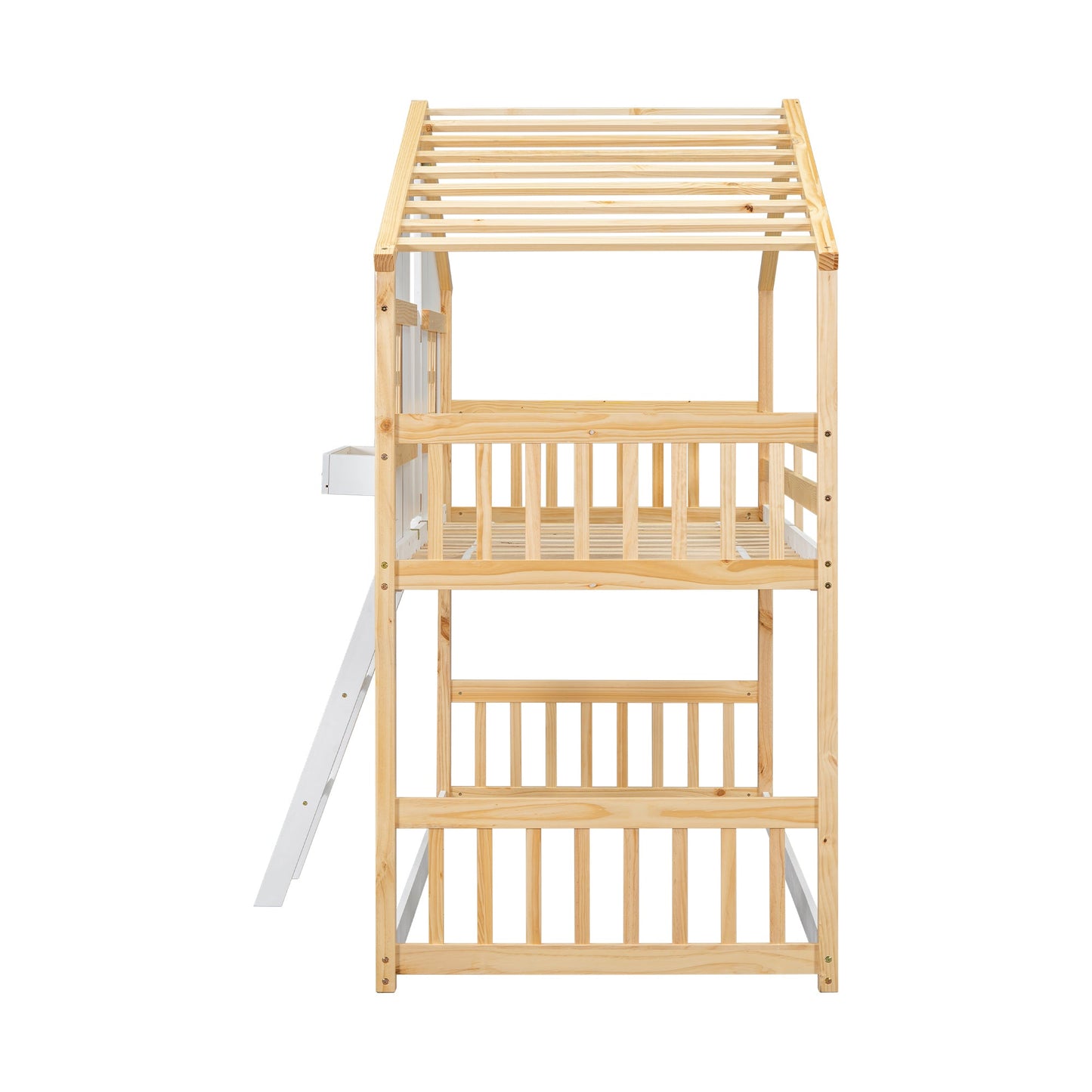 Twin over Twin House Bunk Bed with Roof , Window, Window Box, Door , with Safety Guardrails and Ladder, Natural/White - Korvel