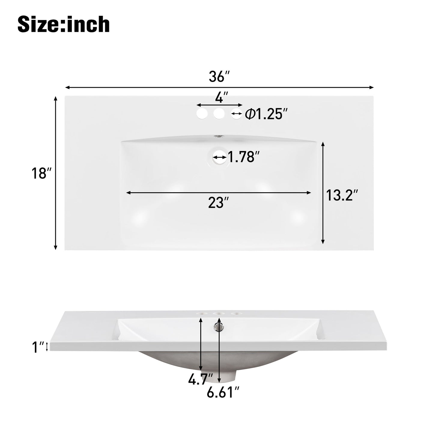 36" Single Bathroom Basin Sink, Vanity Top Only, 3-Faucet Holes, Resin - Korvel