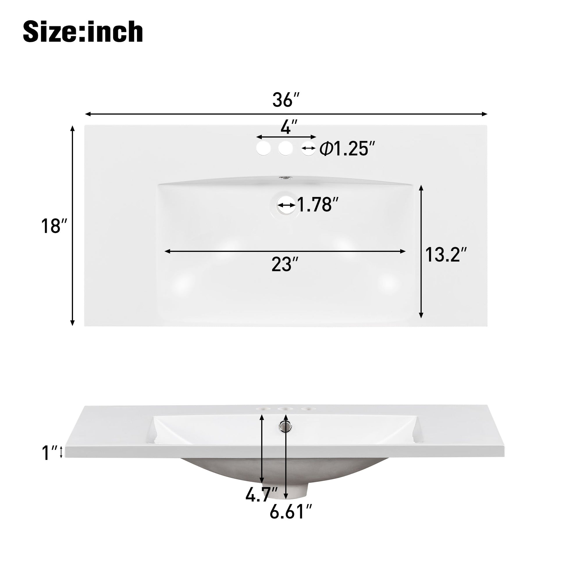 36" Single Bathroom Basin Sink, Vanity Top Only, 3-Faucet Holes, Resin - Korvel