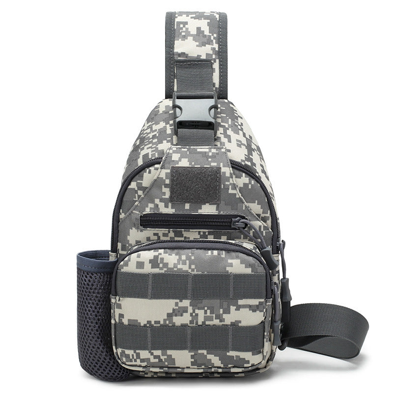 Tactical crossbody sling backpack. Has water bottle holder, MOLLE system, USB charging port. Ideal for travel and walks. Cp Camo - Korvel
