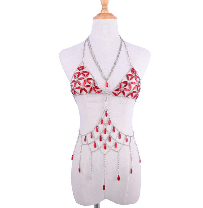 Queen Bling Metal Tassel Details Tank Tops Festival Rave Clothing Summer Sexy Backless Rave Body Chain Beach Tops - Korvel