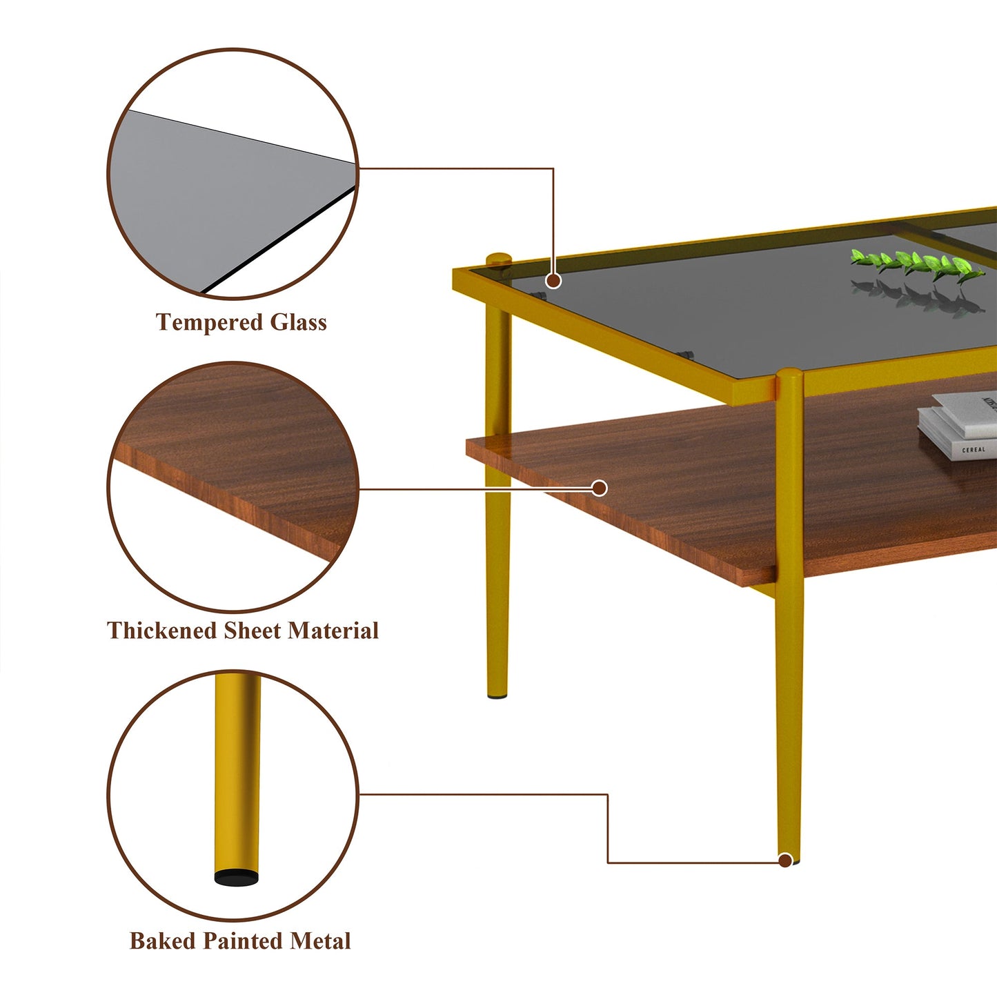 Rectangle Coffee Table with Gray Tempered Glass top and Golden Legs, Modern Table for Living Room - Korvel