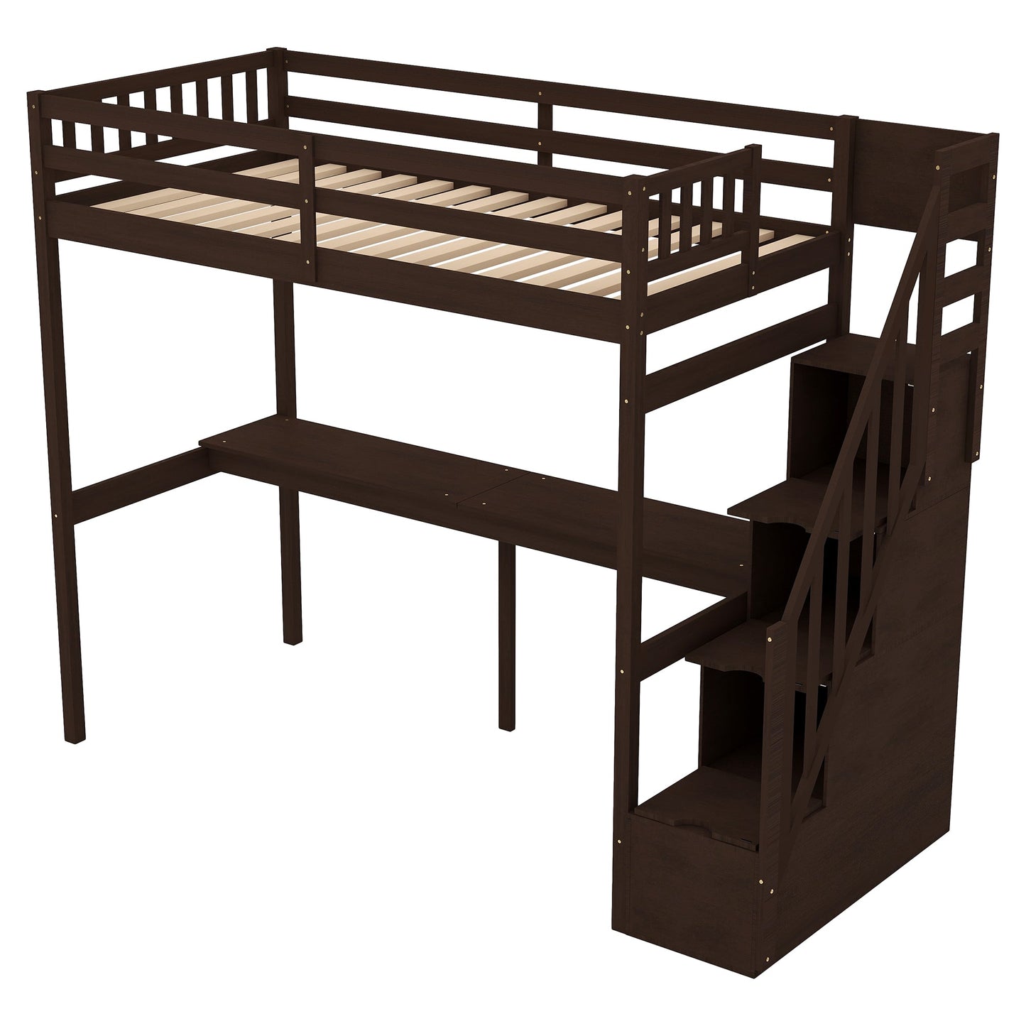 Twin Size Loft Bed with Storage Staircase and Built-in Desk - Espresso