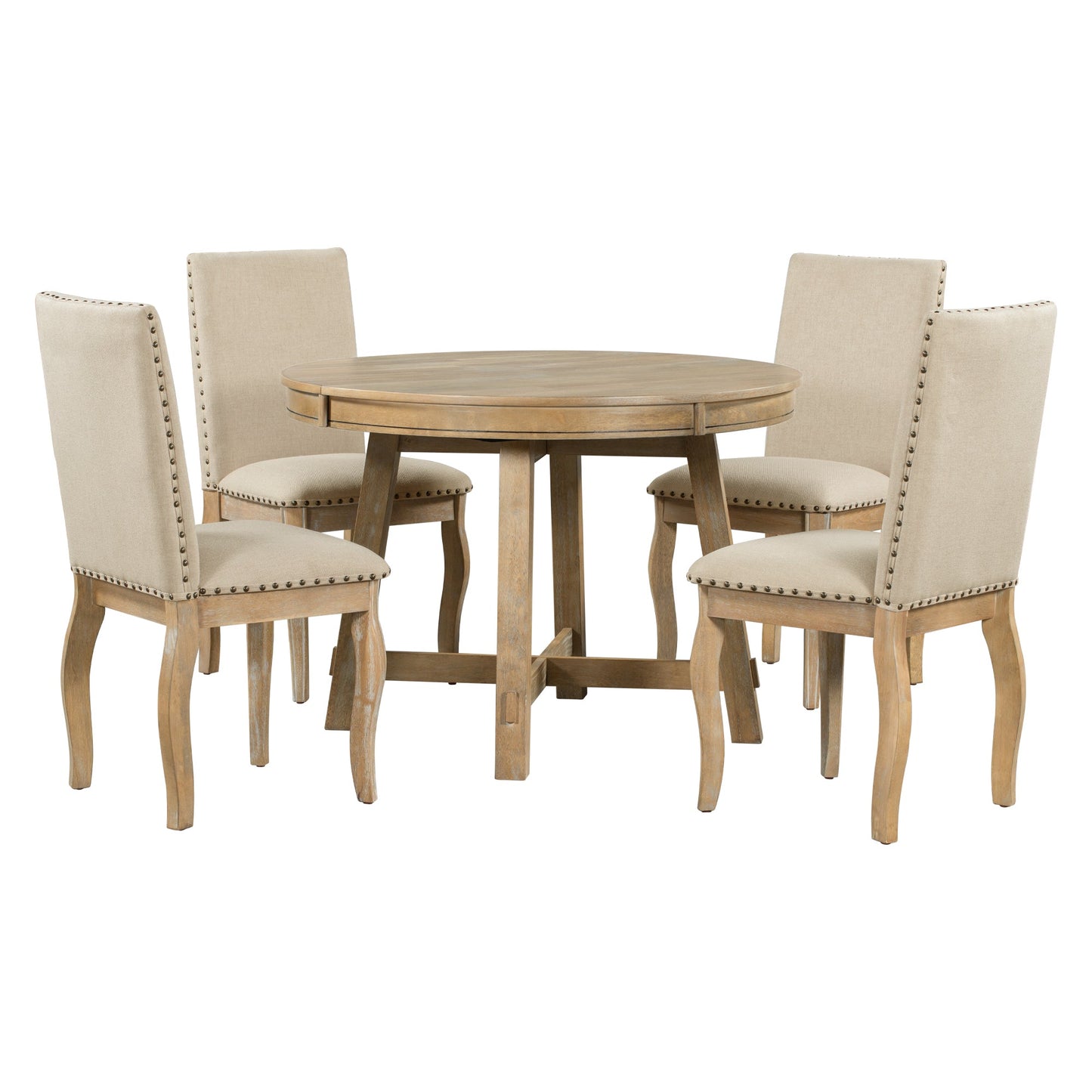 TREXM 5-Piece Farmhouse Dining Table Set Wood Round Extendable Dining Table and 4 Upholstered Dining Chairs (Natural Wood Wash) - Korvel