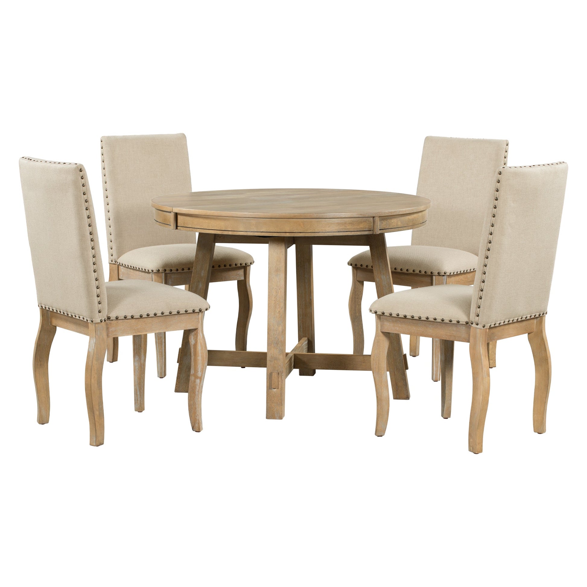 TREXM 5-Piece Farmhouse Dining Table Set Wood Round Extendable Dining Table and 4 Upholstered Dining Chairs (Natural Wood Wash) - Korvel
