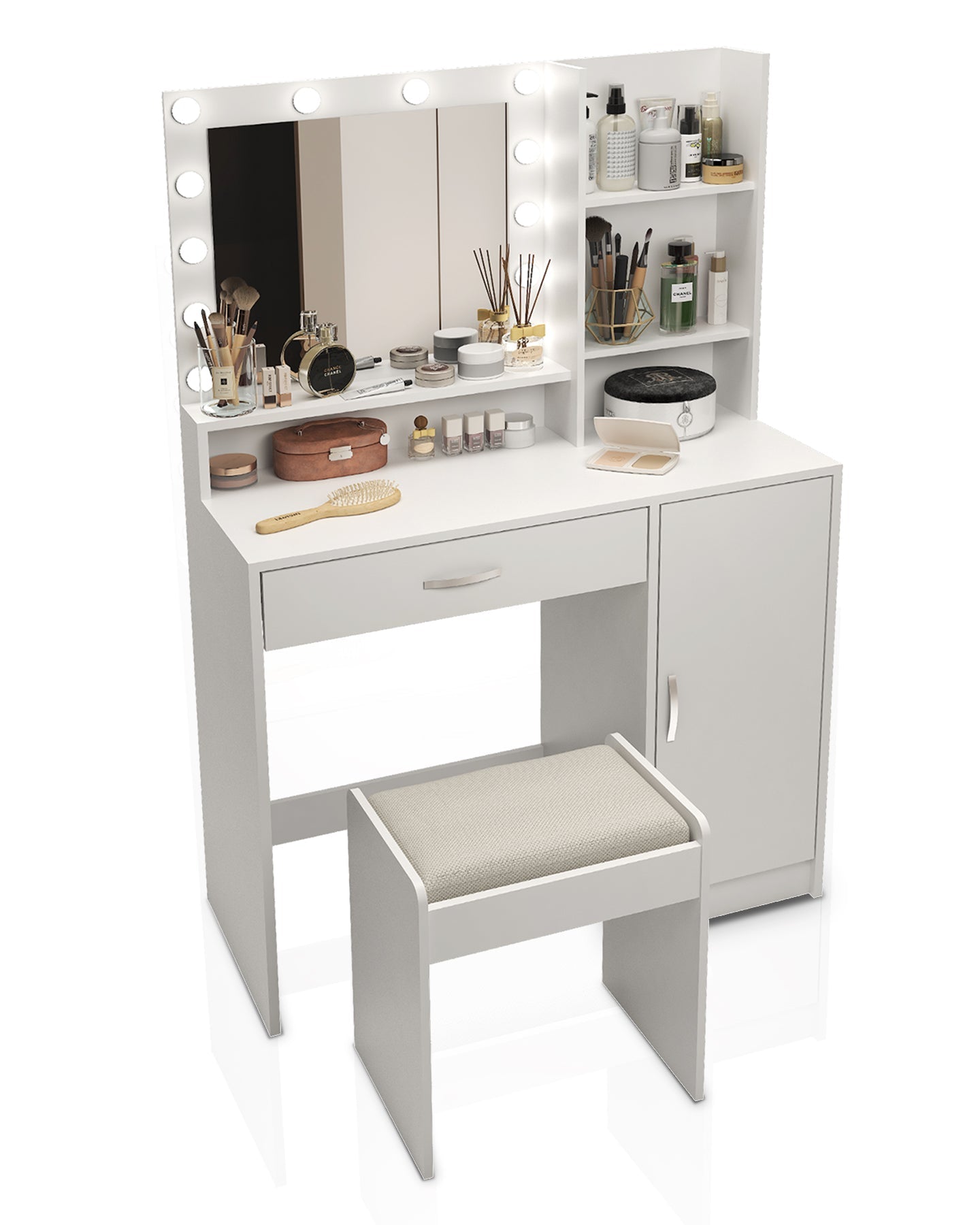 Large drawer with mirror and light, three-layer storage vanity, adjustable brightness for 3 lighting modes (white with stool) - Korvel