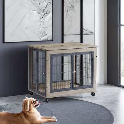 Elegant Grey Furniture Dog Cage Crate with Double Doors