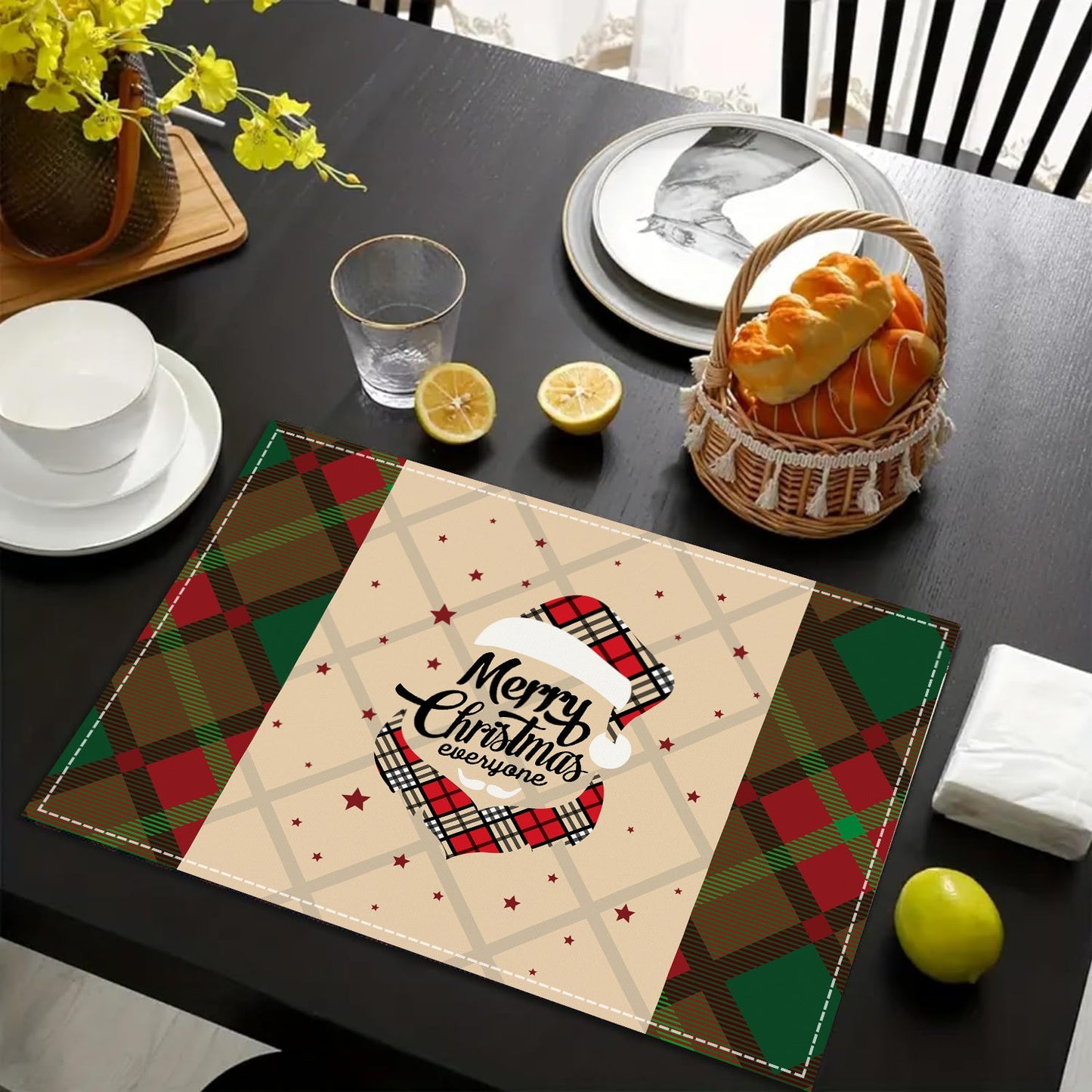 Christmas table mat with white linen snowman checkered print - Korvel