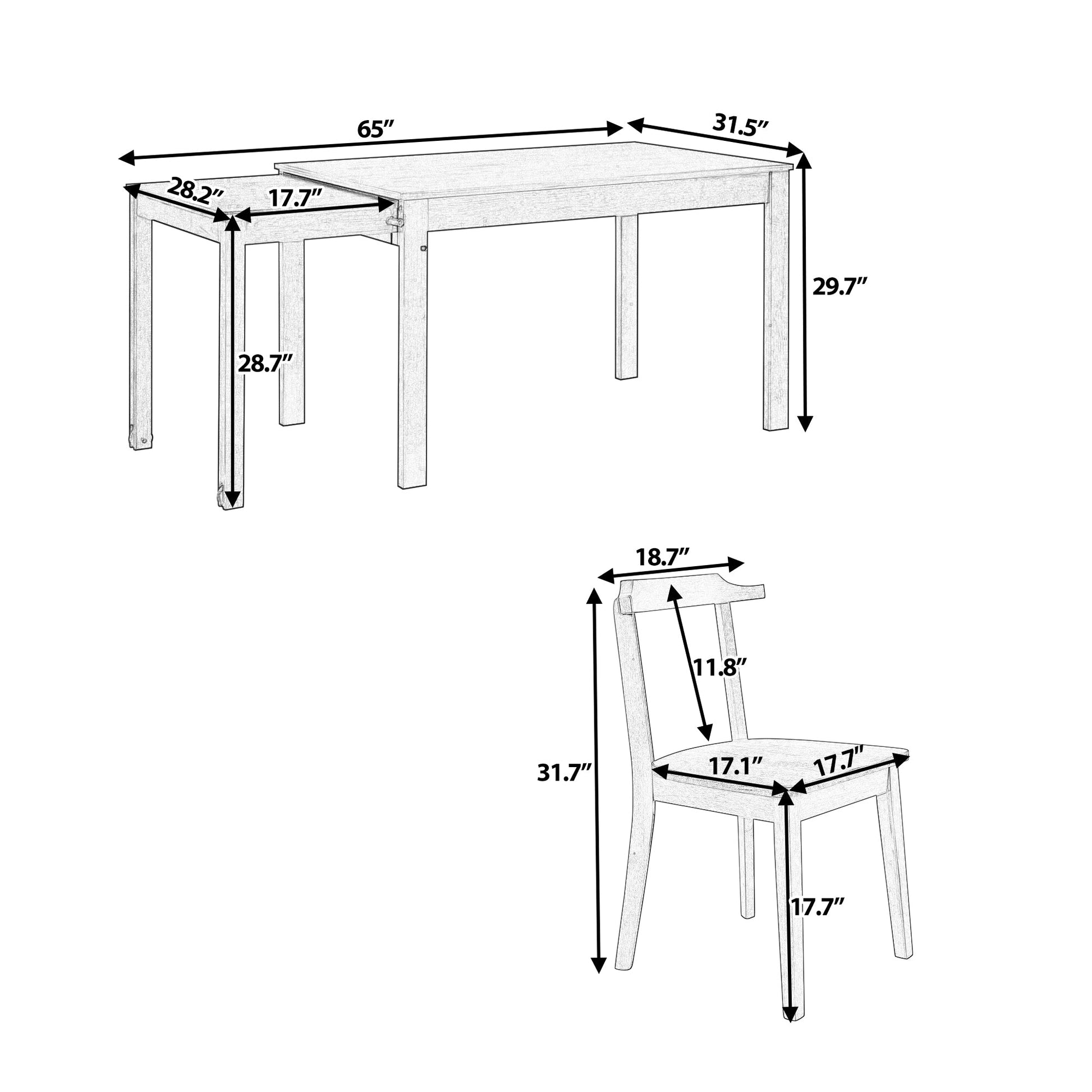 TOPMAX 65 "5-piece set with wheels, expandable dining table set, 17.7" pull-out side table and small dining chairs, natural - Korvel