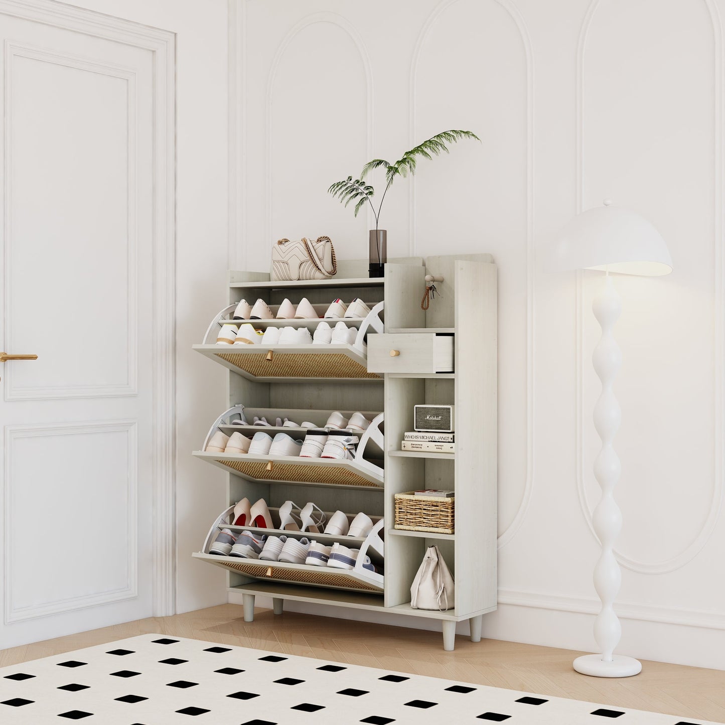 Natural Bohemian style shoe cabinet with 3 rattan flip drawers, 3 square shelves, and 1 storage drawer, white - Korvel