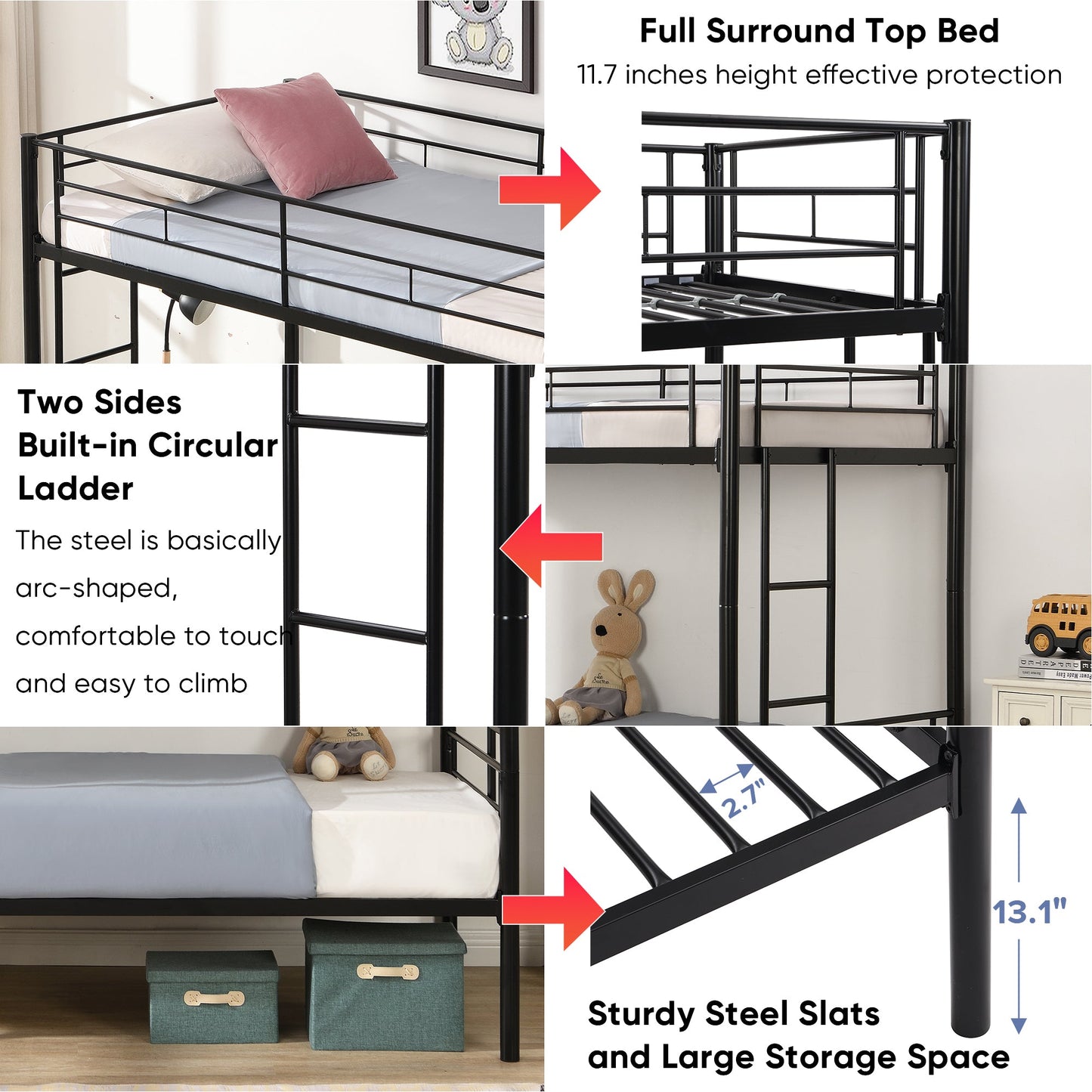 Premium Bunk Bed with Dual Ladders and Guardrail - Black