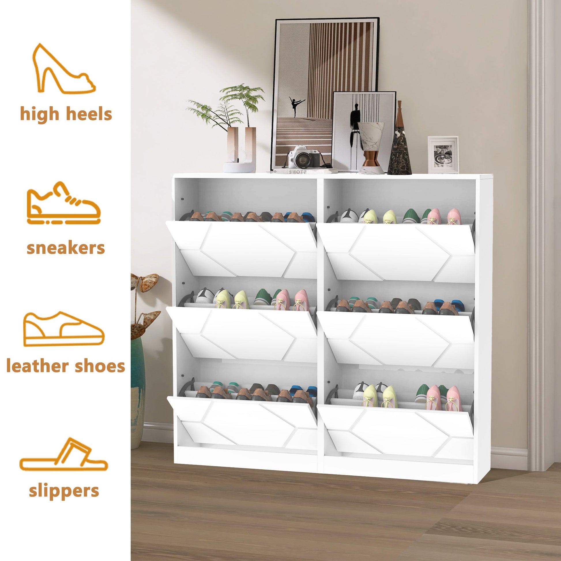 Shoe Storage Cabinet for Entryway, 6 Tiers Shoe Organizer with Carved Panels Vertical Shoe Cabinet for Front Door Entrance - Korvel