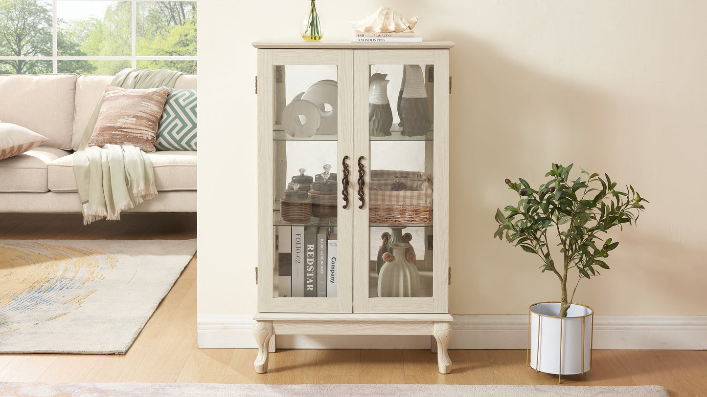 Dual door Curio cabinet with tempered glass door mirror back panel and adjustable shelf display cabinet with light bulbs, white - Korvel