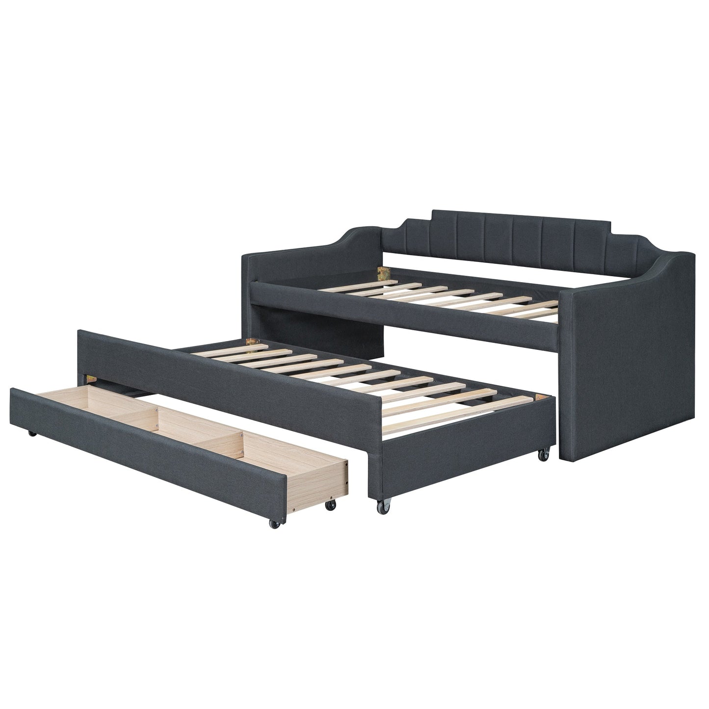 Twin Size Upholstered Daybed with Trundle and Three Drawers Grey - Korvel