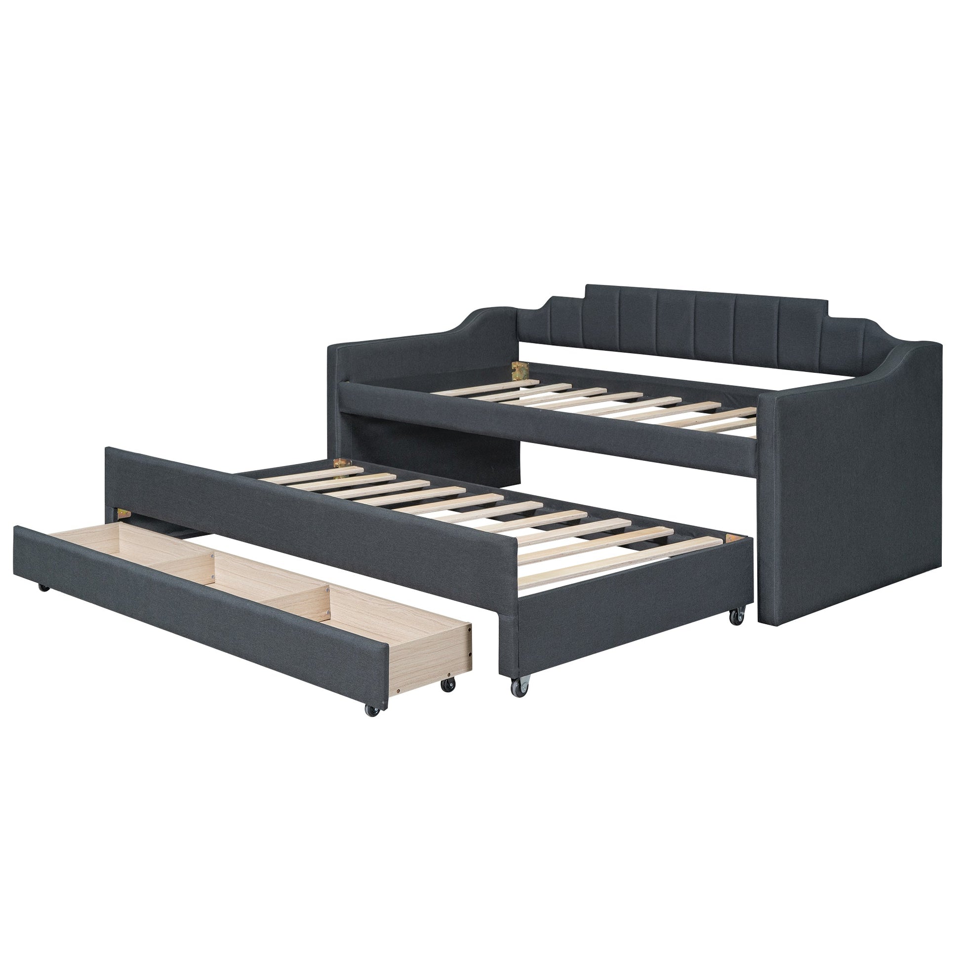 Twin Size Upholstered Daybed with Trundle and Three Drawers Grey - Korvel