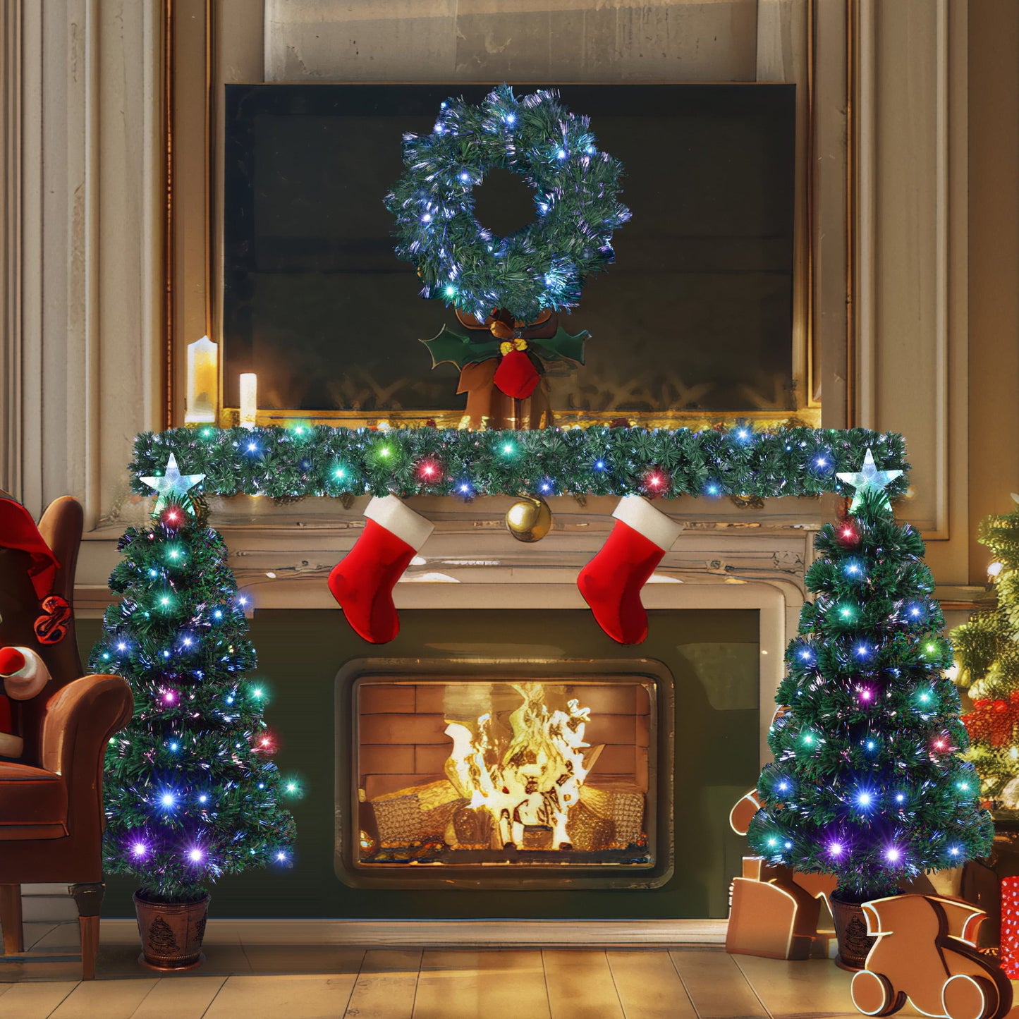 4-piece Christmas artificial tree set, Christmas wreath, wreath and 2 colored light entrance trees, PVC holiday celebration set - Korvel