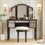 GO 43" Dressing Table Set with Mirrored Drawers and Stool, Tri-fold Mirror, Makeup Vanity Set for Bedroom, Black - Korvel