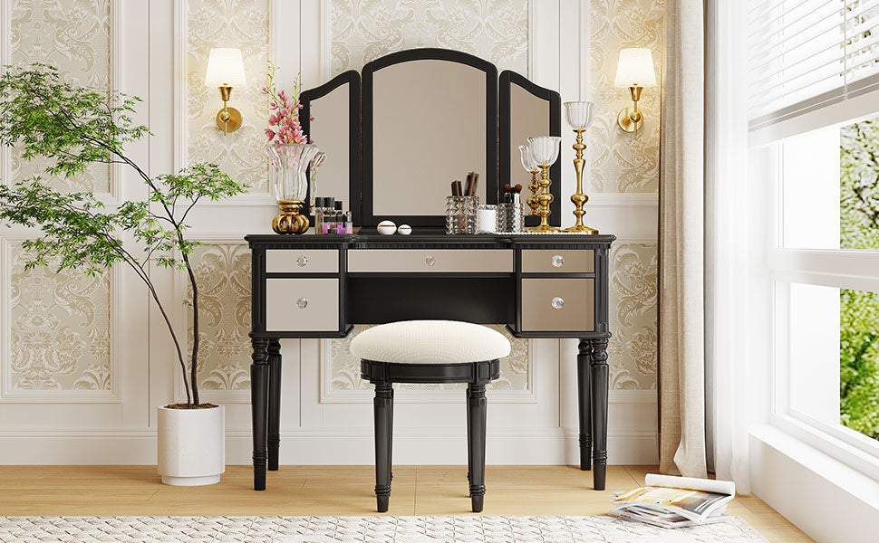 GO 43" Dressing Table Set with Mirrored Drawers and Stool, Tri-fold Mirror, Makeup Vanity Set for Bedroom, Black - Korvel