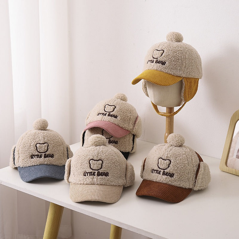 Gorra de béisbol de corduroy cálido para niños con protección para las orejas