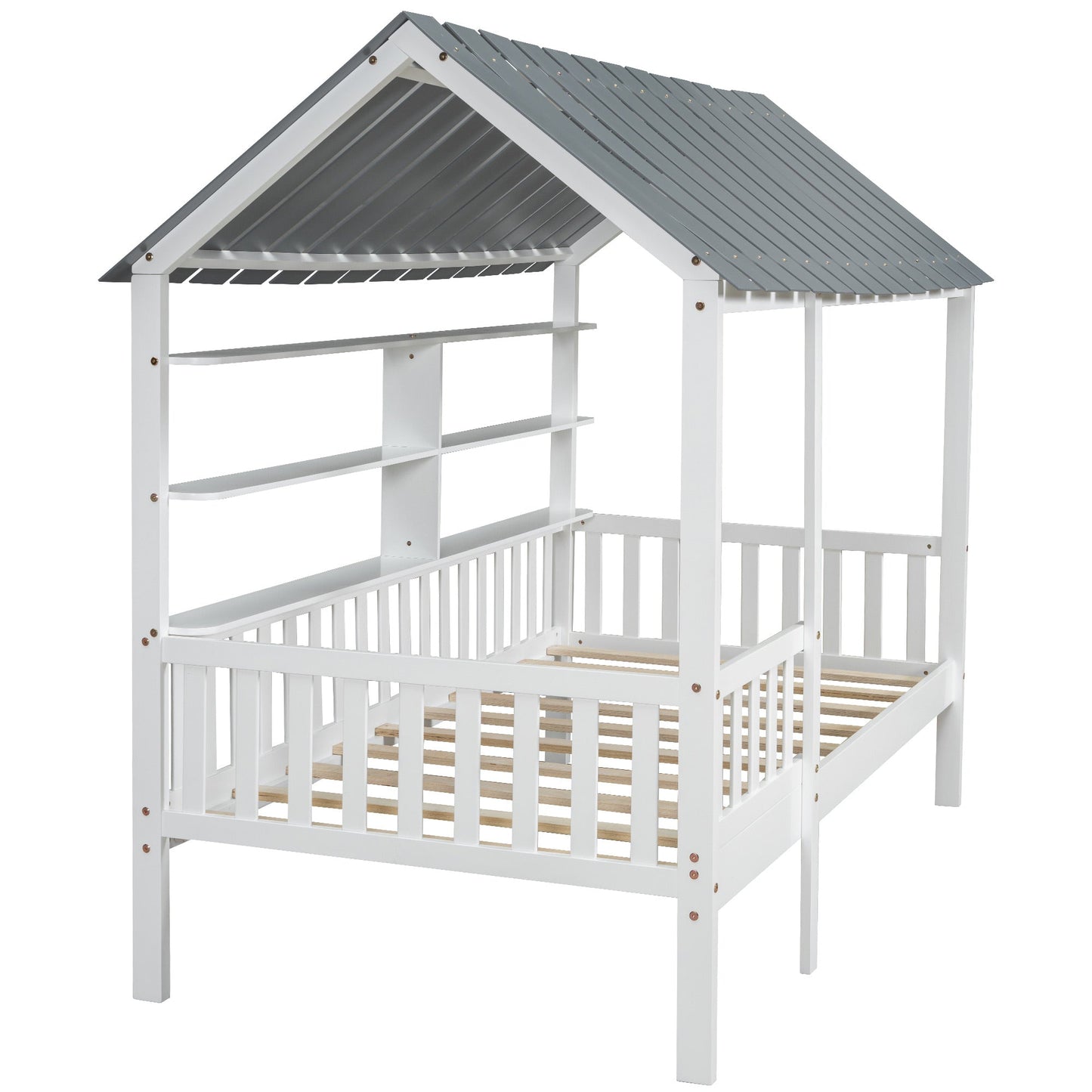 Wood Twin Size House Bed with Roof, Guardrail and Shelves, White - Korvel