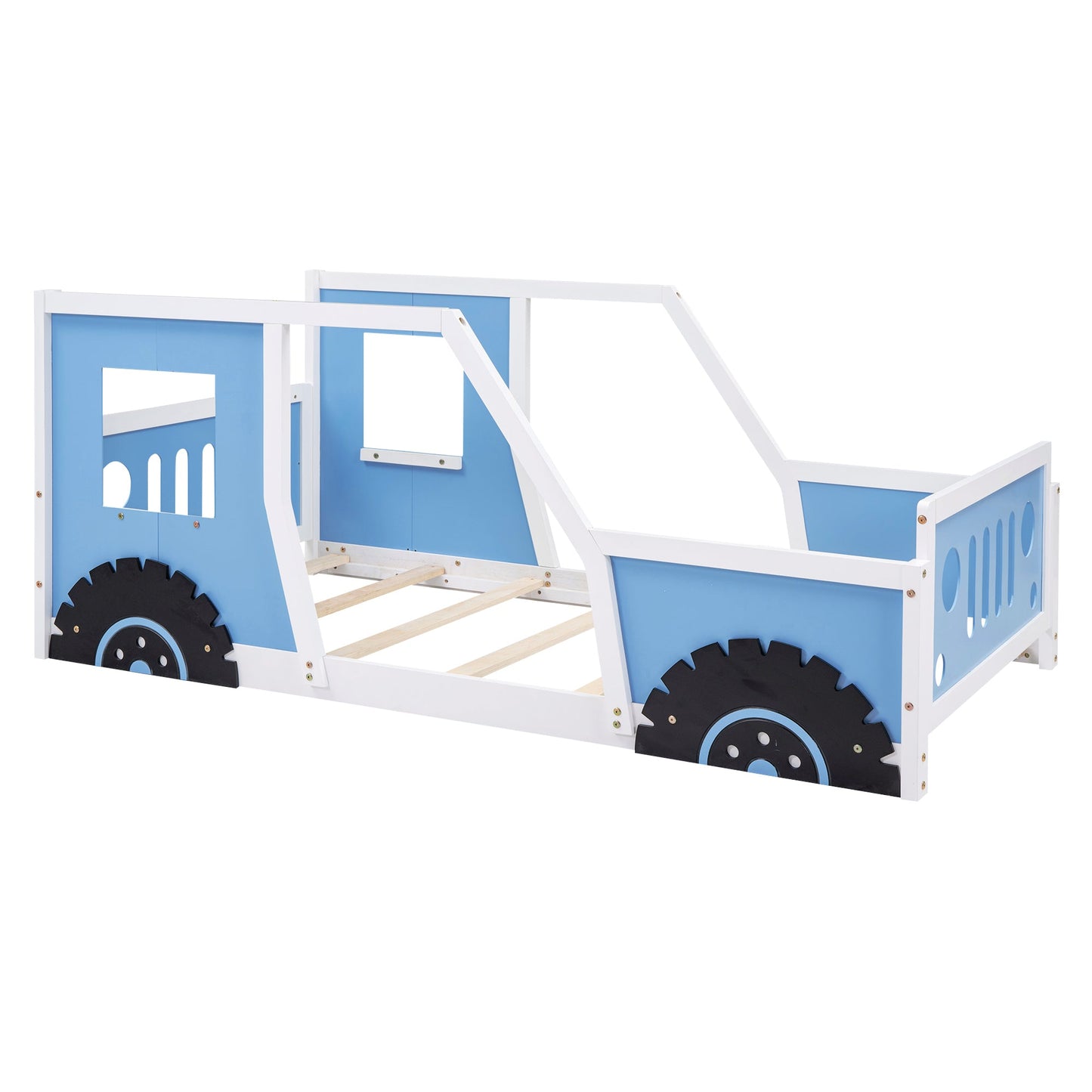Twin Size Classic Car-Shaped Platform Bed with Wheels - Blue
