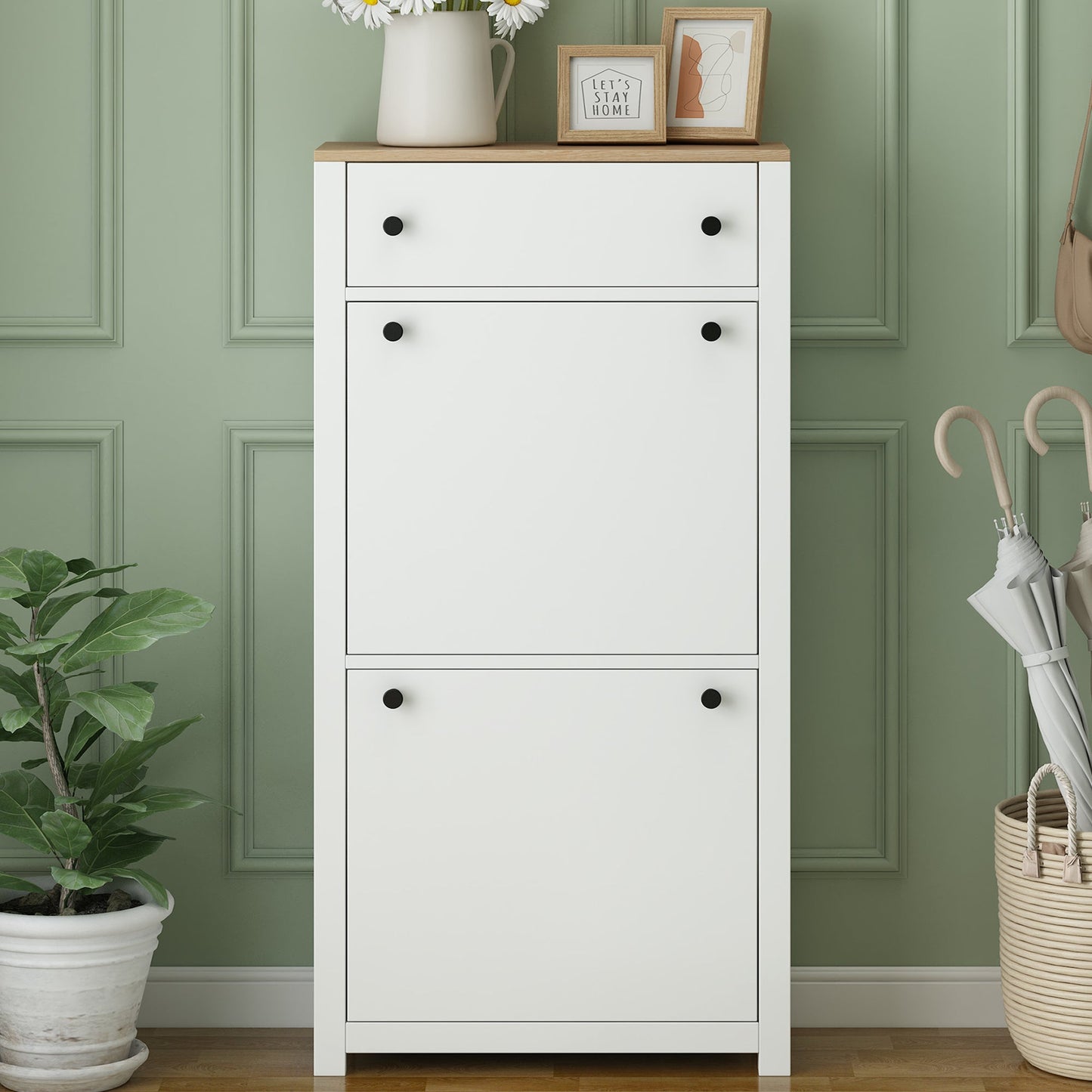 ONTREND with 2 flip drawers, top shoe cabinet with drawers, independent shoe rack with adjustable panel, white - Korvel