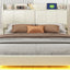 Large floating bed frame with storage headboard, touch sensor, night light and USB charger, padded platform bed, beige color - Korvel