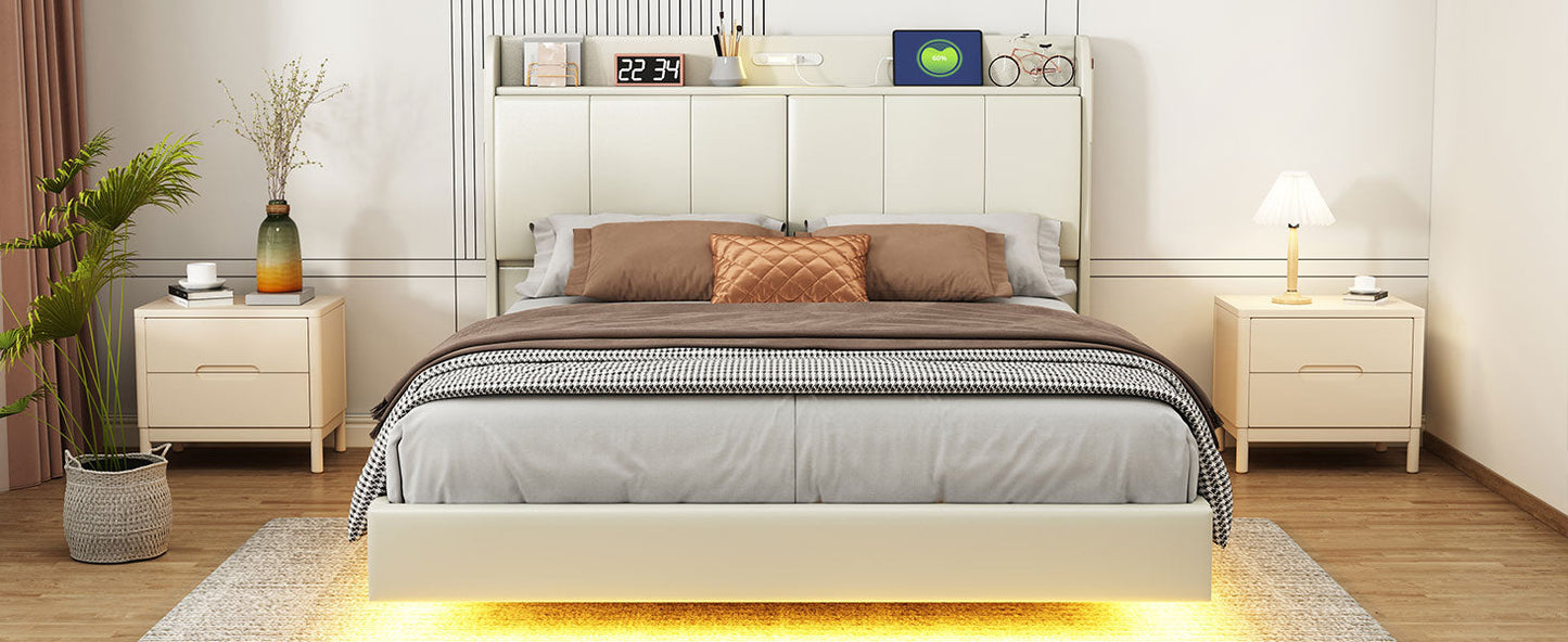 Large floating bed frame with storage headboard, touch sensor, night light and USB charger, padded platform bed, beige color - Korvel