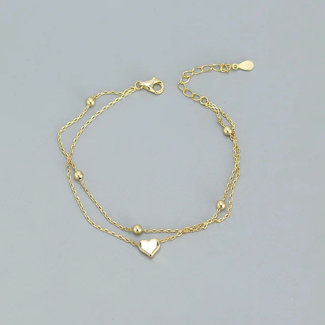 925 Sterling Silver Double Layer Heart-shaped Bracelet  for Women Girl Korean Style Small Fresh Summer Bracelet - Korvel