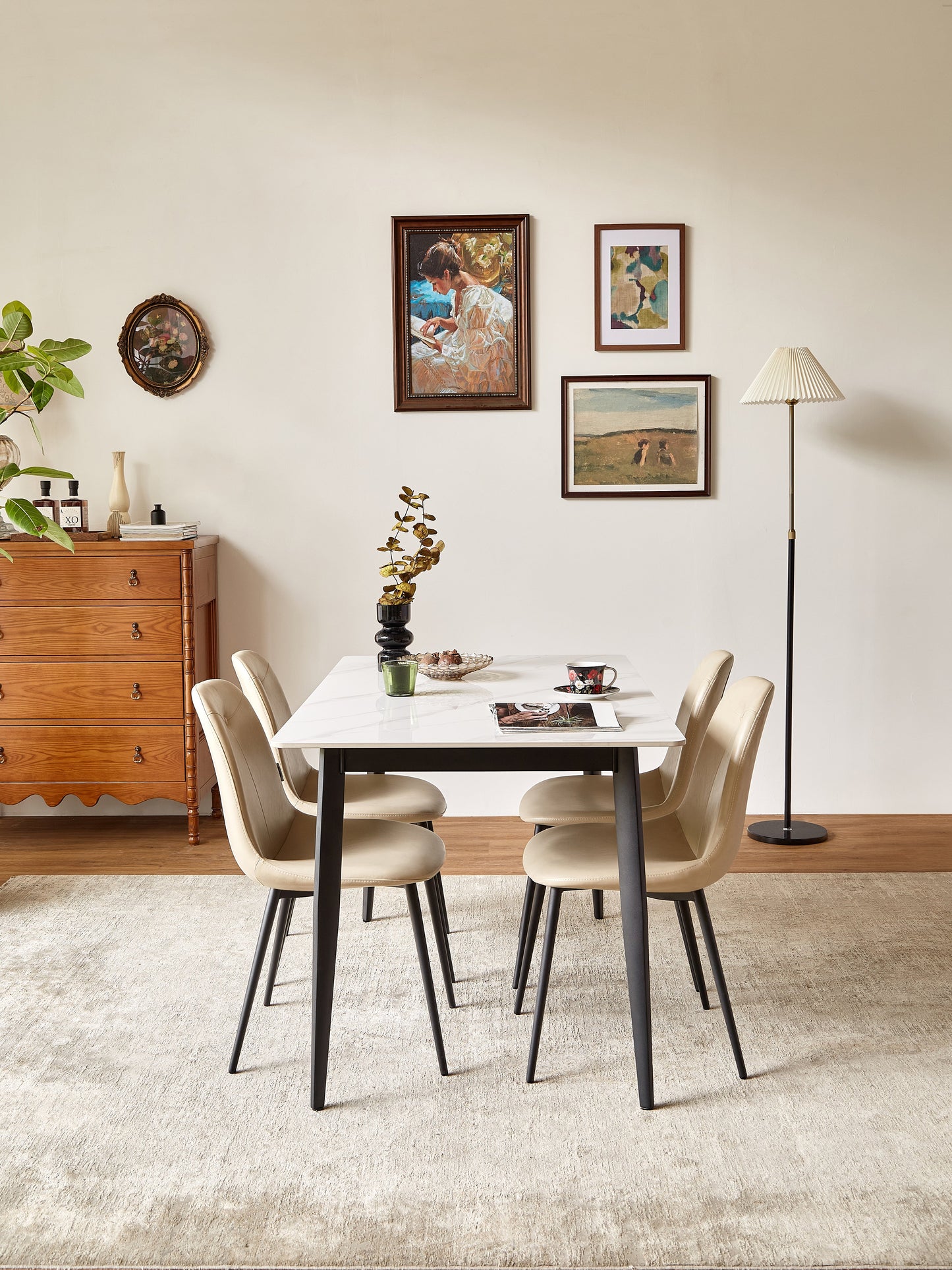A set of 2 high back dining chairs with PU artificial leather soft cushions and metal legs, decorated with large soft cushions - Korvel