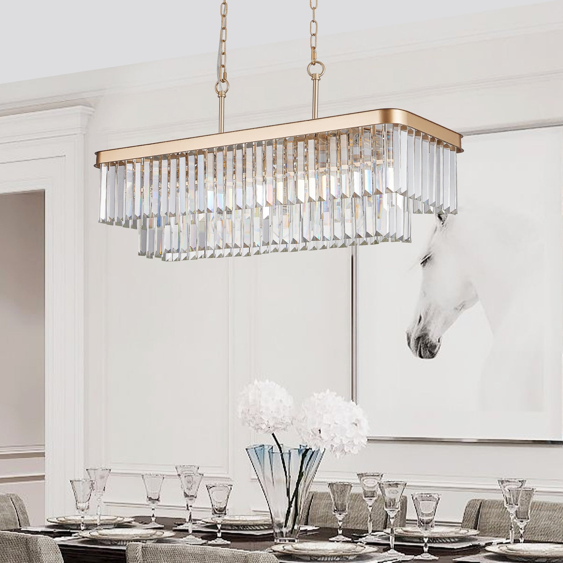 Chandeliers,Rectangular Crystal Chandelier Adjustable,E12 Modern Industrial Crystal Lights (Bulb Not Included) - Korvel
