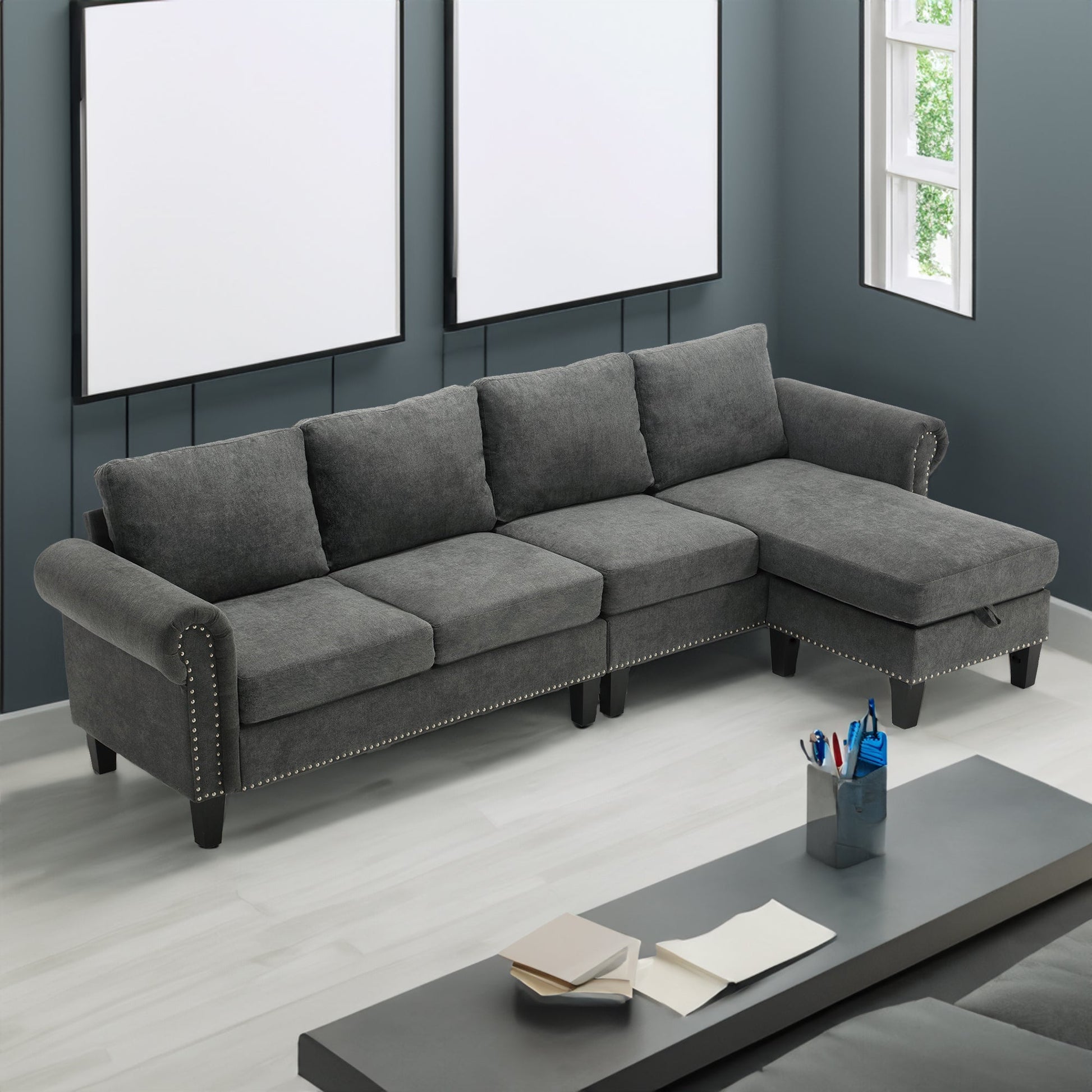 Convertible Sectional Sofa with Storage,L-shaped sofa Modern Linen Fabric Sectional Couches for Living Room,Gray - Korvel