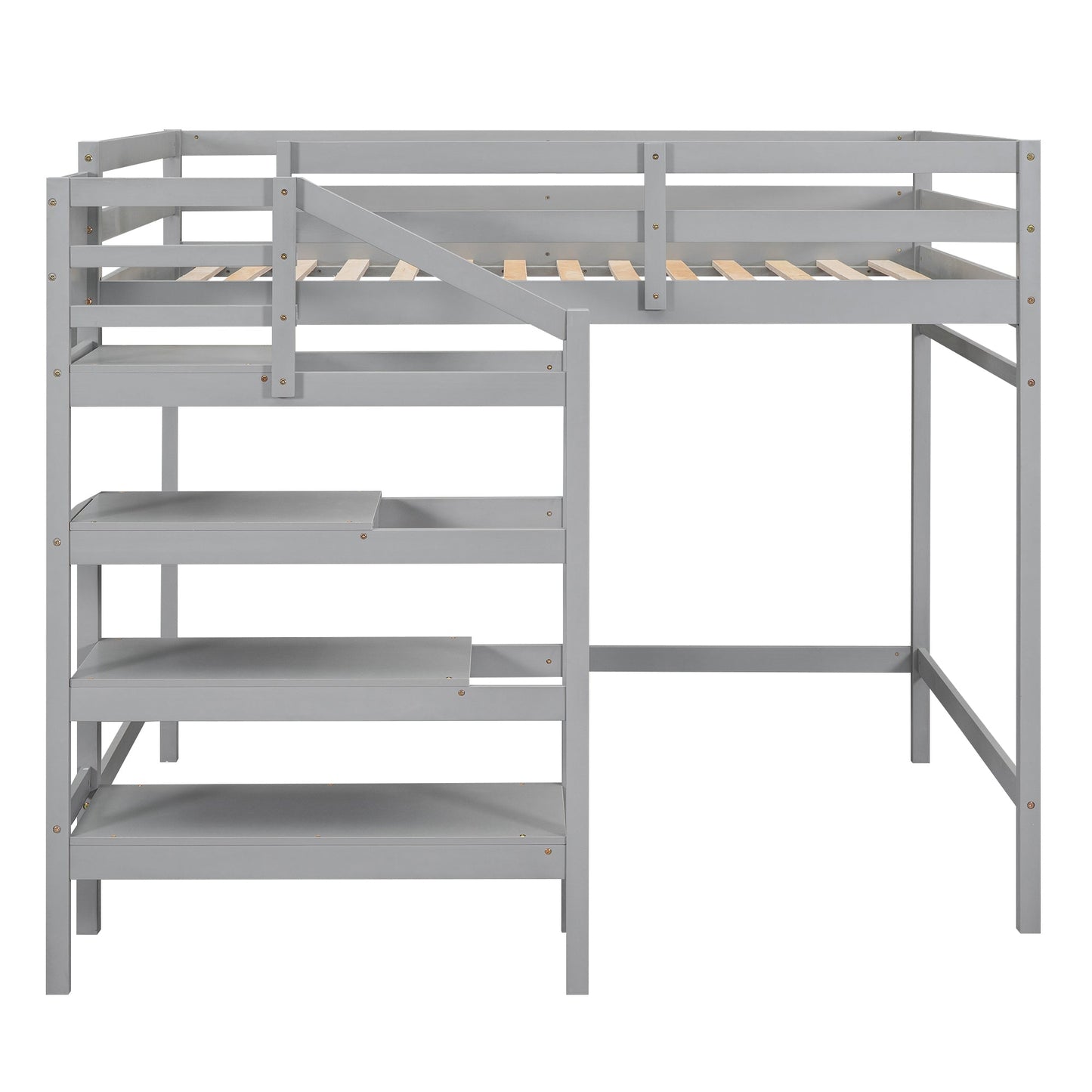 Full Size Loft Bed with Built-in Storage Staircase and Hanger for Clothes, Gray - Korvel