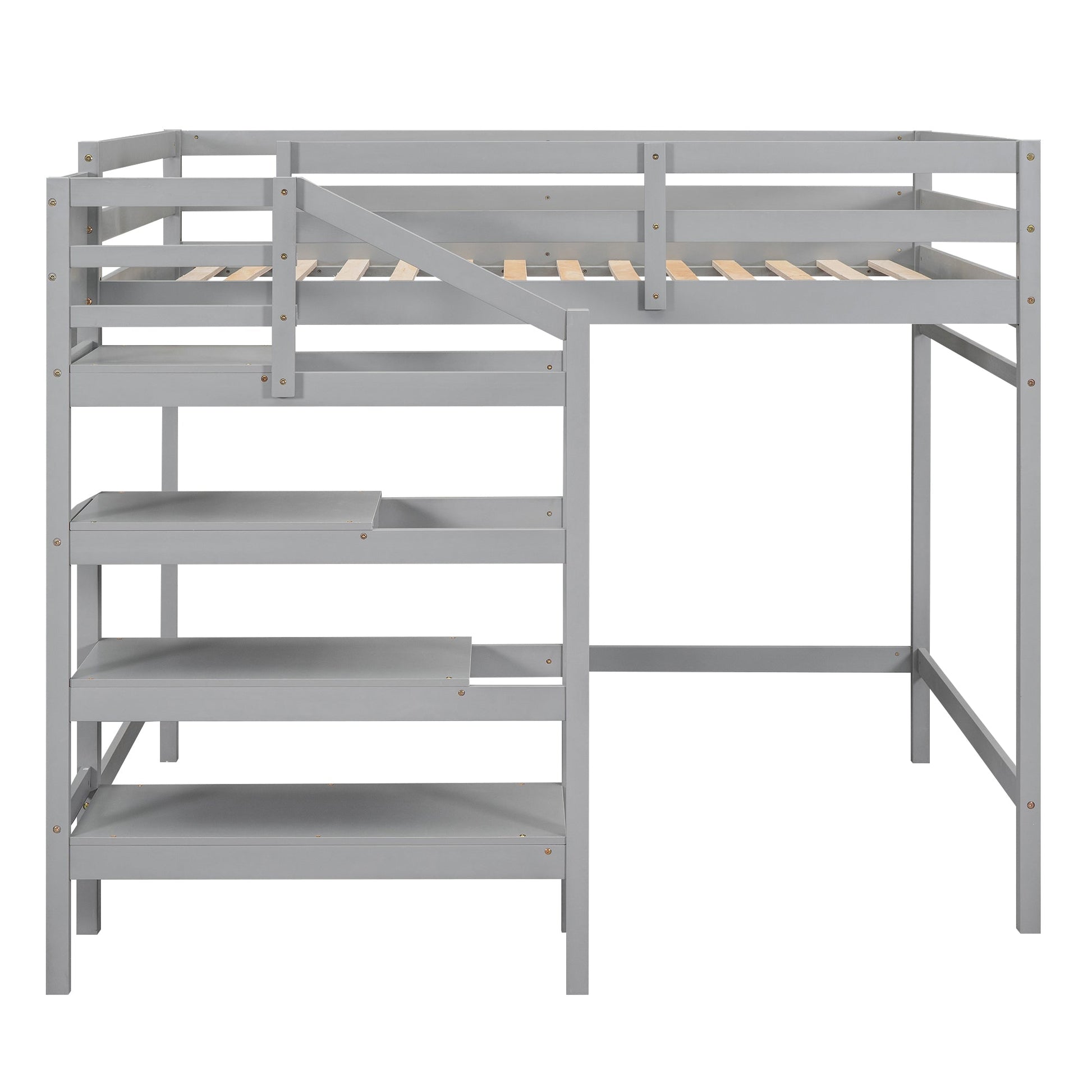 Full Size Loft Bed with Built-in Storage Staircase and Hanger for Clothes, Gray - Korvel