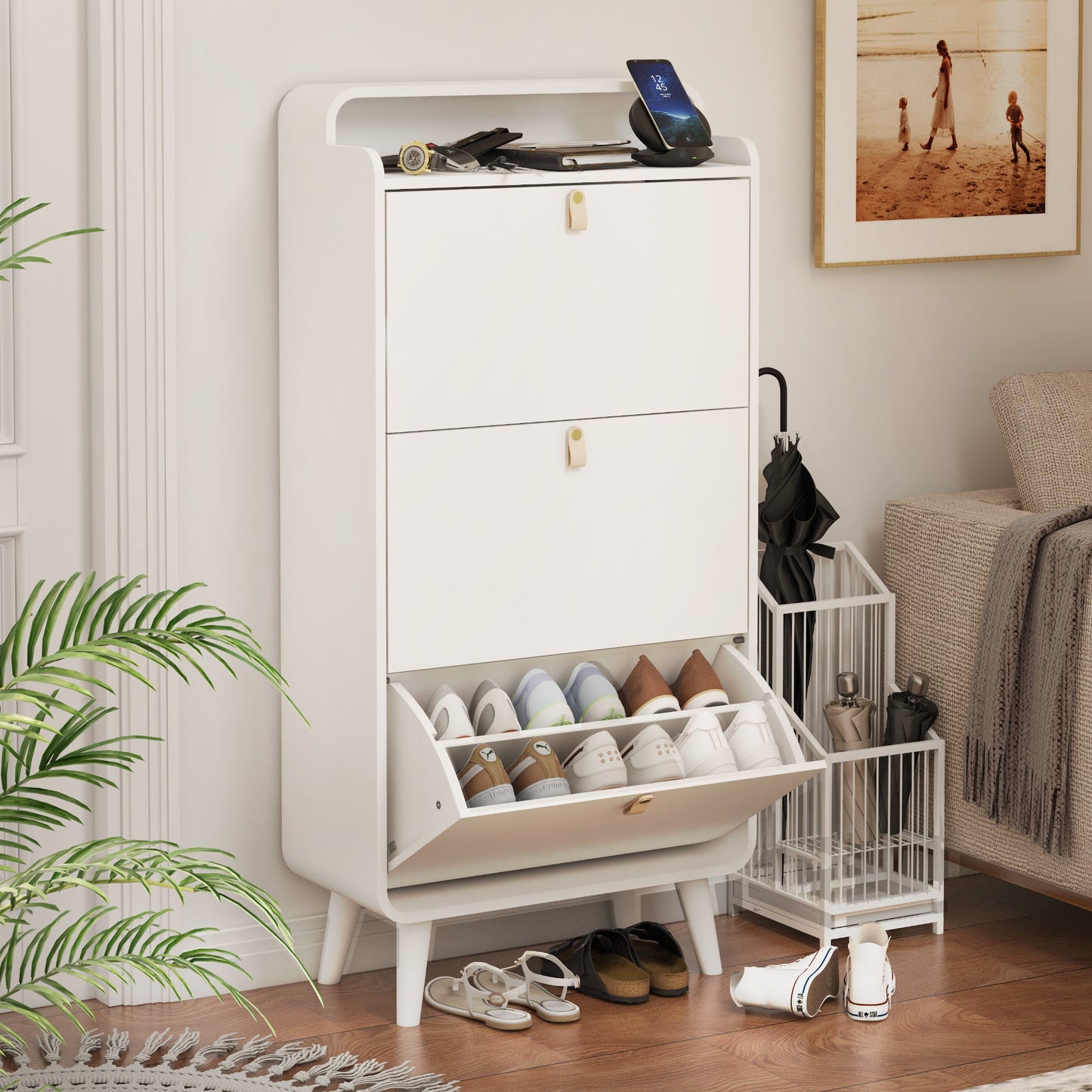 Modern Arc Design Shoe Cabinet With 3 Drawers,Shoe Storage Cabinet for Entryway,Outdoor,White Finish - Korvel